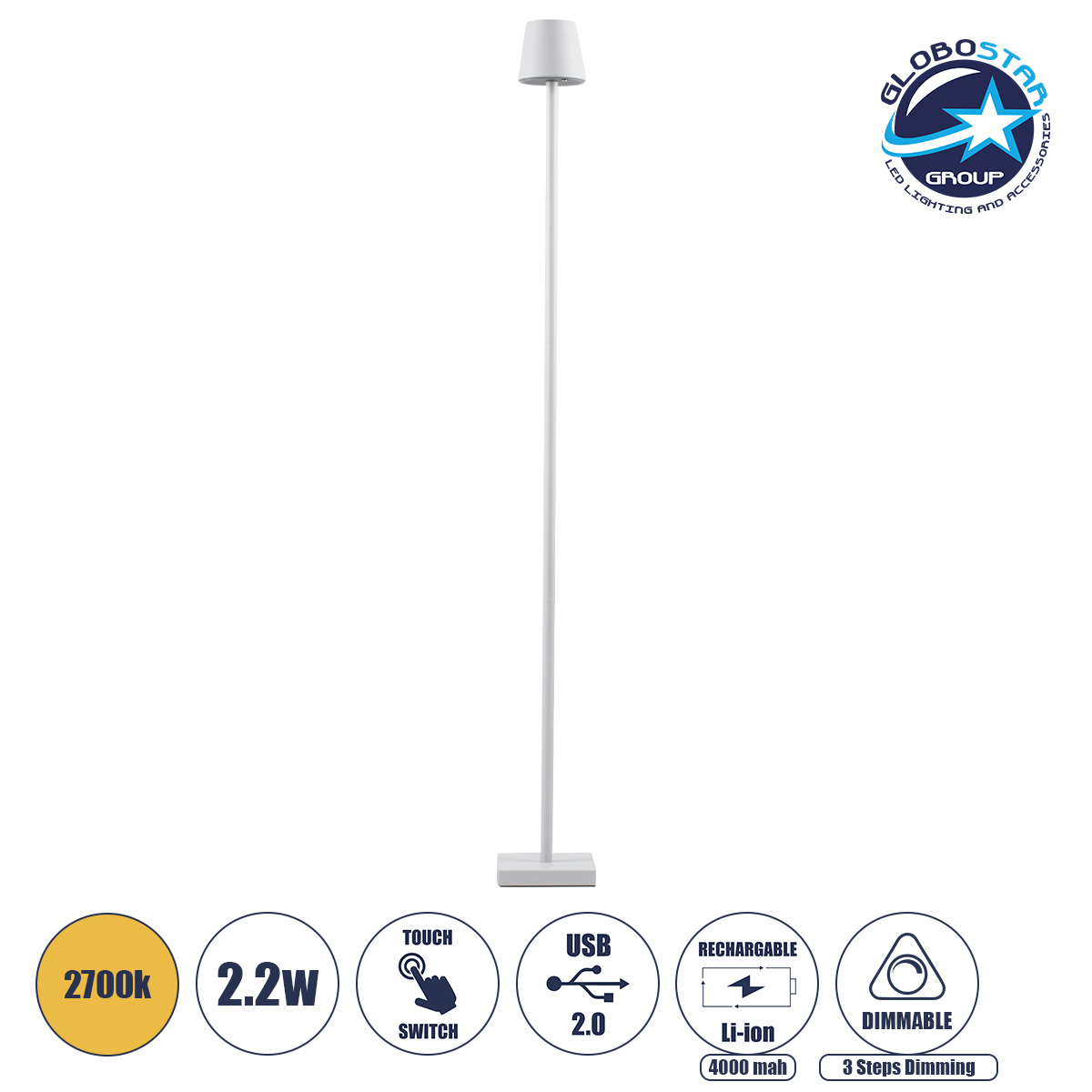 60478_1 GLOBOSTAR® NEGA 60478 Μοντέρνο Επιδαπέδιο Φωτιστικό LED 2.2W 154lm 360° DC 5V με USB 2.0 με Επαναφορτιζόμενη Μπαταρία Li-ion 3.7V 4000mAh IP44 Θερμό Λευκό 2700K με Αφή Dimmable - Lumileds SMD Chip - Λευκό - Μ10 x Π10 x Υ135cm - 2 Χρόνια Εγγύηση - Image 1