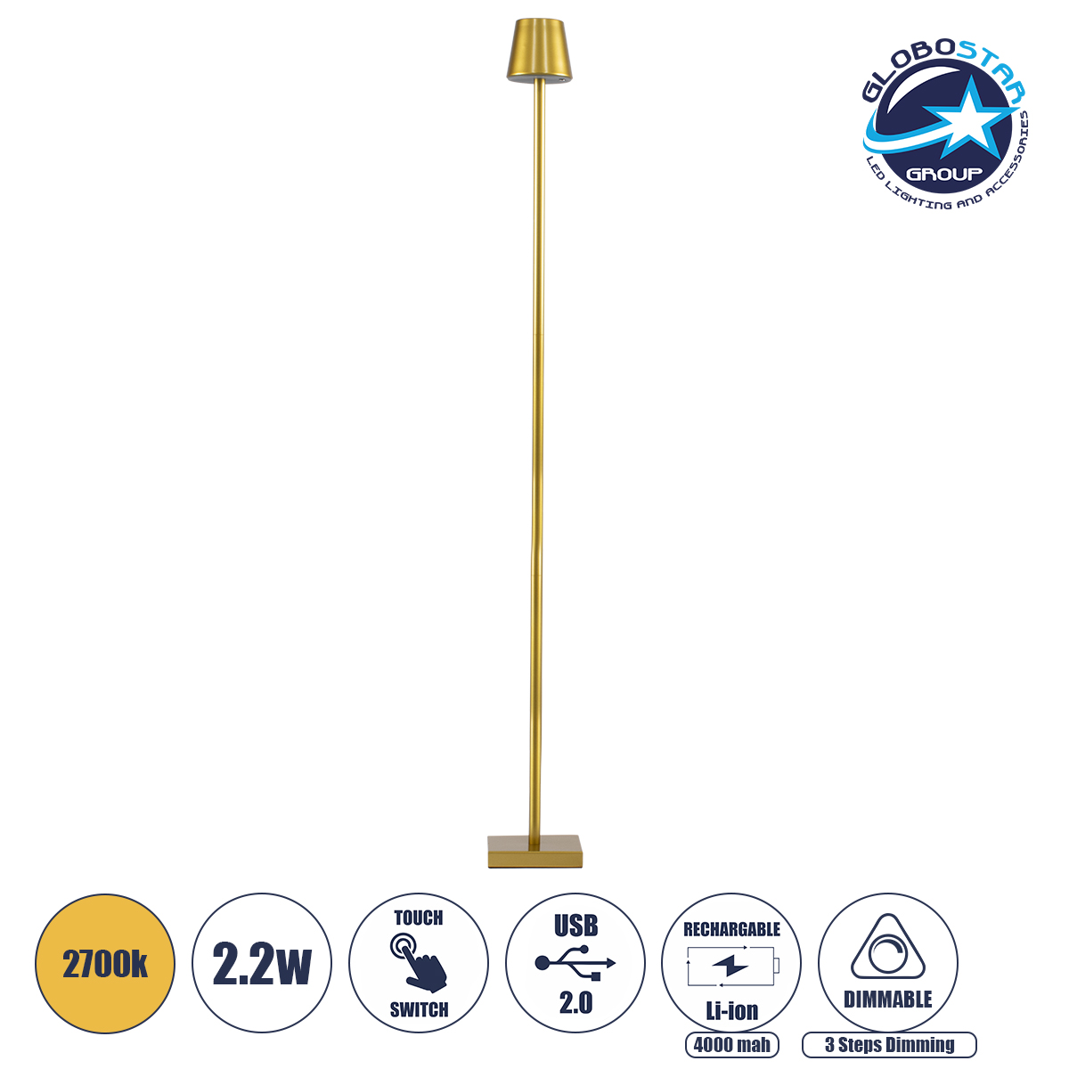 60479_1 GLOBOSTAR® NEGA 60479 Μοντέρνο Επιδαπέδιο Φωτιστικό LED 2.2W 154lm 360° DC 5V με USB 2.0 με Επαναφορτιζόμενη Μπαταρία Li-ion 3.7V 4000mAh IP44 Θερμό Λευκό 2700K με Αφή Dimmable - Lumileds SMD Chip - Χρυσό Πλατίνα - Μ10 x Π10 x Υ135cm - 2 Χρόνια Εγγύηση - Image 1