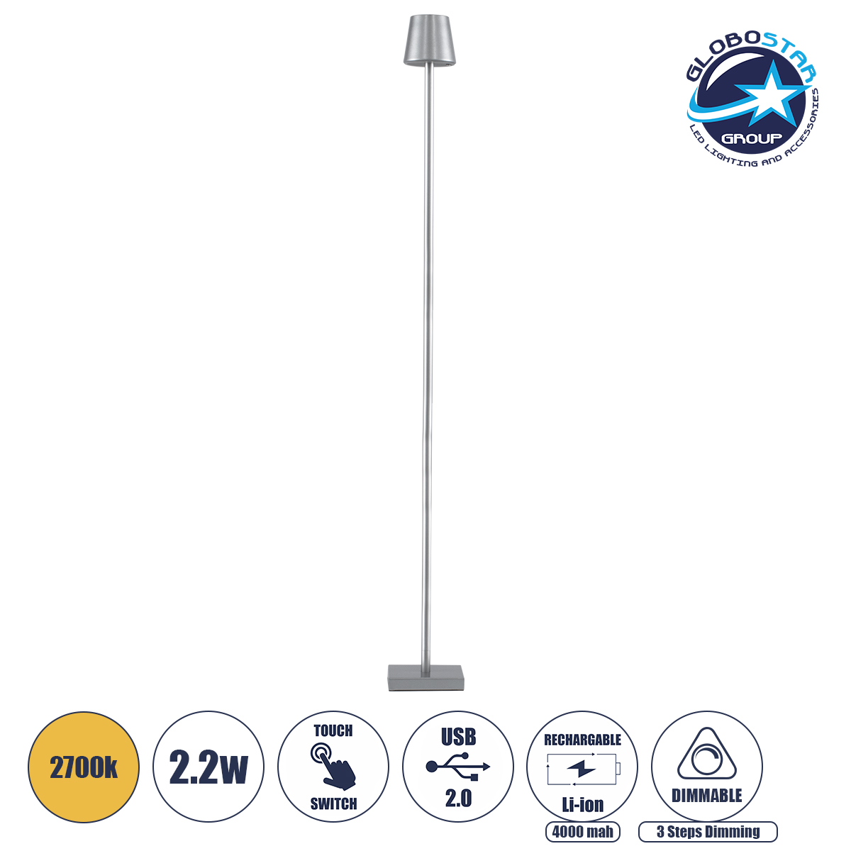 60480_1 GLOBOSTAR® NEGA 60480 Μοντέρνο Επιδαπέδιο Φωτιστικό LED 2.2W 154lm 360° DC 5V με USB 2.0 με Επαναφορτιζόμενη Μπαταρία Li-ion 3.7V 4000mAh IP44 Θερμό Λευκό 2700K με Αφή Dimmable - Lumileds SMD Chip - Ασημί - Μ10 x Π10 x Υ135cm - 2 Χρόνια Εγγύηση - Image 1