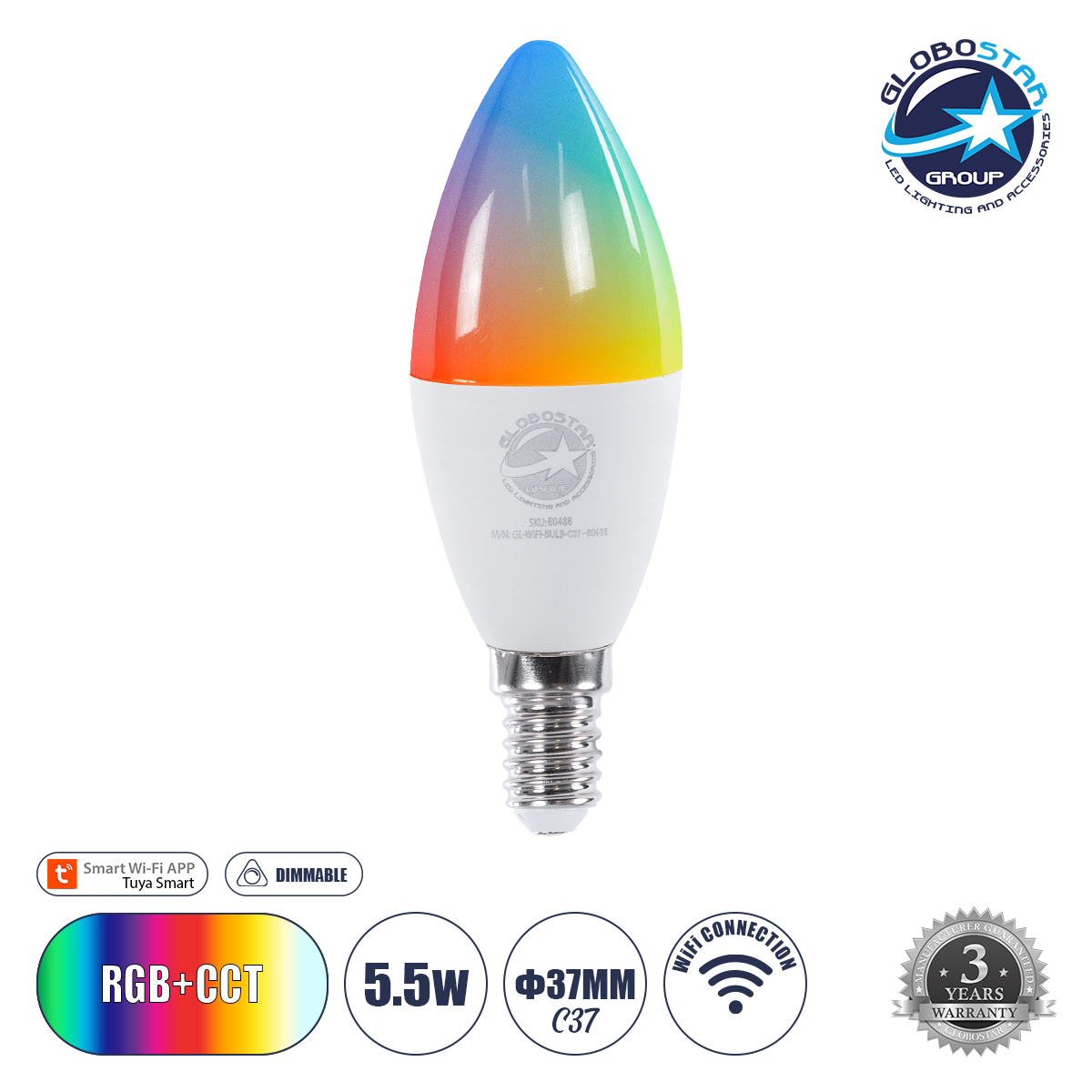 60488_1 GLOBOSTAR® SMARTME 60488 Λάμπα Κεράκι E14 C37 Smart Home WiFi με Λειτουργία μέσω Tuya APP LED 5.5W 550lm 260° AC 220-240V IP20 Πολύχρωμο RGBW+WW Dimmable - Bridgelux Chip - Μ3.7 x Π3.7 x Υ11cm - 3 Χρόνια Εγγύηση - Image 1