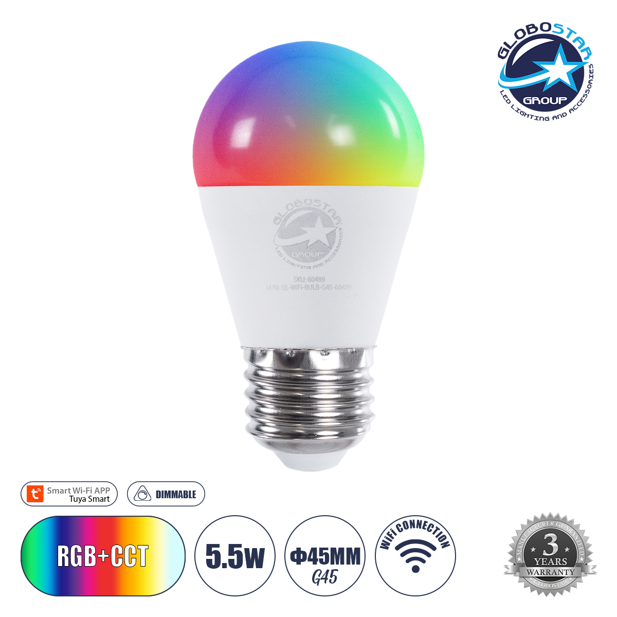 60489_1 GLOBOSTAR® SMARTME 60489 Λάμπα E27 G45 Smart Home WiFi με Λειτουργία μέσω Tuya APP LED 5.5W 550lm 260° AC 220-240V IP20 Πολύχρωμο RGBW+WW Dimmable - Bridgelux Chip - Μ4.5 x Π4.5 x Υ8.8cm - 3 Χρόνια Εγγύηση - Image 1