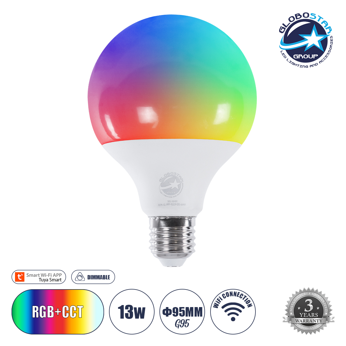 60491_1 GLOBOSTAR® SMARTME 60491 Λάμπα E27 G95 Smart Home WiFi με Λειτουργία μέσω Tuya APP LED 13W 1300lm 260° AC 220-240V IP20 Πολύχρωμο RGBW+WW Dimmable - Bridgelux Chip - Μ9.5 x Π9.5 x Υ13.5cm - 3 Χρόνια Εγγύηση - Image 1