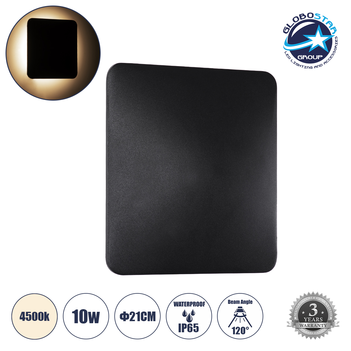 60496_01 GLOBOSTAR® HELIO-S 60496 Μοντέρνο Φωτιστικό Τοίχου - Απλίκα LED 10W 1200lm 120° AC 220-240V Αδιάβροχο IP65 Φυσικό Λευκό 4500K - Lumileds SMD Chip & TÜV SÜD Driver - Μαύρο Ματ - Μ21 x Π5 x Υ21cm - 5 Χρόνια Εγγύηση - Image 1