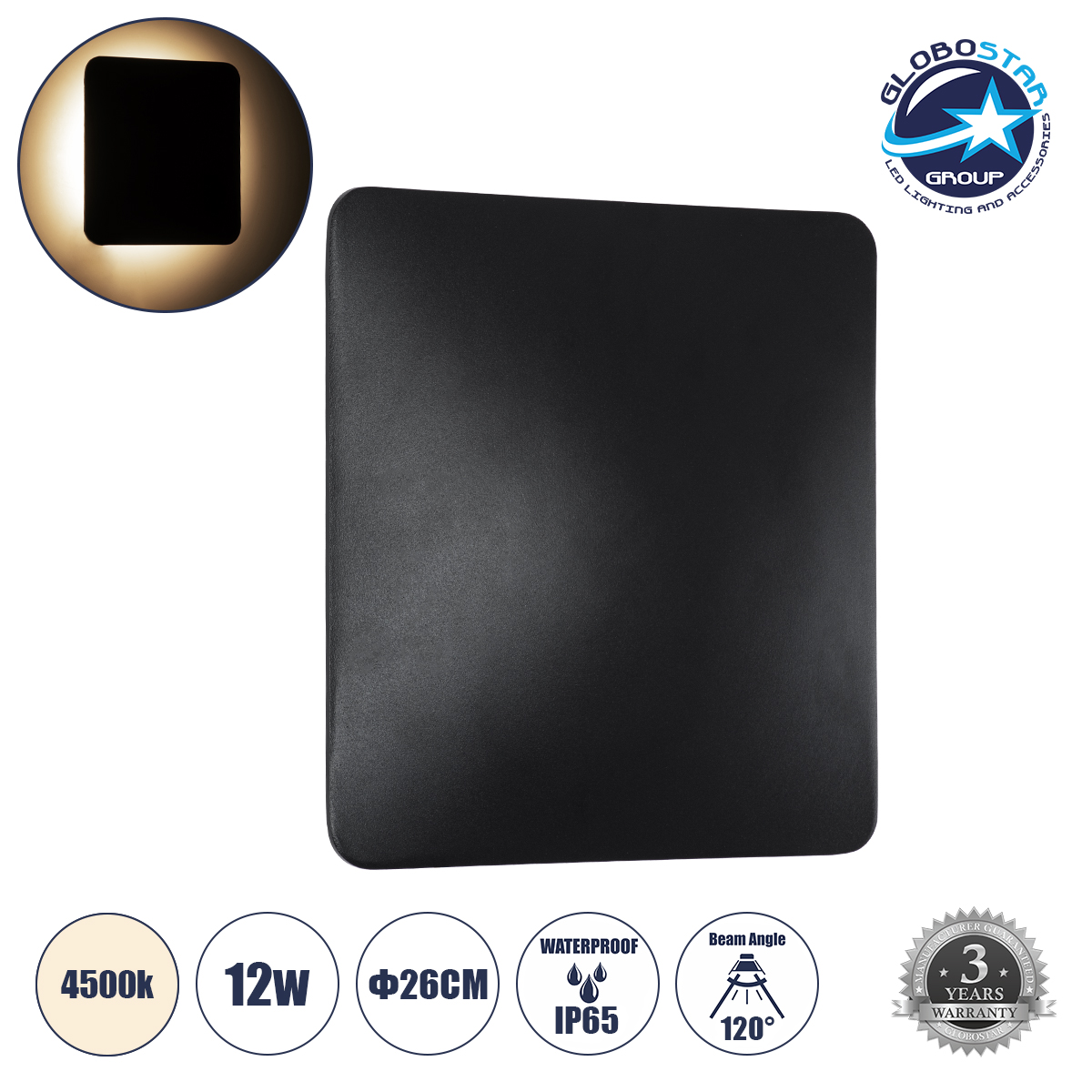 60497_1 GLOBOSTAR® HELIO-S 60497 Μοντέρνο Φωτιστικό Τοίχου - Απλίκα LED 12W 1440lm 120° AC 220-240V Αδιάβροχο IP65 Φυσικό Λευκό 4500K - Lumileds SMD Chip & TÜV SÜD Driver - Μαύρο Ματ - Μ26 x Π5 x Υ26cm - 5 Χρόνια Εγγύηση - Image 1