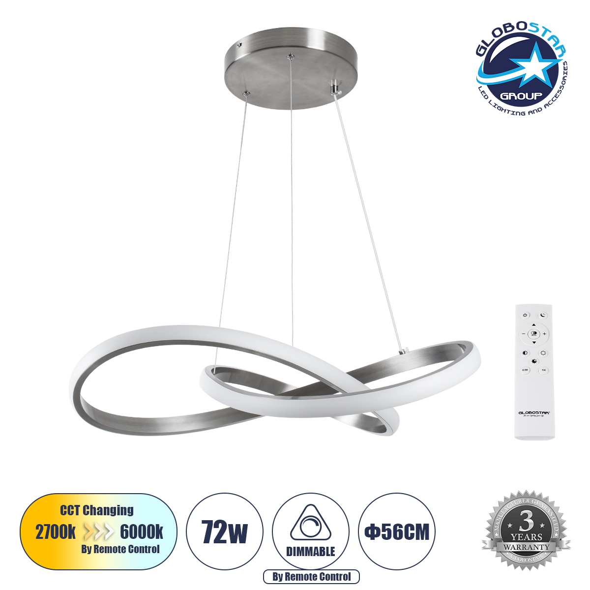 60498_1 GLOBOSTAR® DEXTER 60498 Μοντέρνο Κρεμαστό Φωτιστικό Οροφής LED 72W 8064lm 300° AC 220-240V IP20 Ρυθμιζόμενο Λευκό CCT με Χειριστήριο από 2700K έως 6000K Dimmable - Lumileds SMD Chip - Νίκελ Βούρτσας - Μ56 x Π56 x Υ14cm - 3 Χρόνια Εγγύηση - Image 1