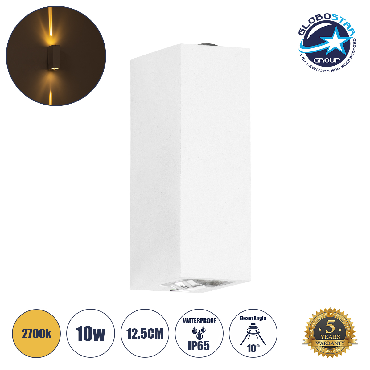 60527_1 GLOBOSTAR® LINOR 60527 Μοντέρνο Φωτιστικό Τοίχου - Απλίκα LED 10W 1000lm 10° AC 220-240V Αδιάβροχο IP65 Θερμό Λευκό 2700K - Bridgelux COB Chip & TÜV SÜD Driver - Λευκό Ματ - Μ12.5 x Π6 x Υ4cm - 5 Χρόνια Εγγύηση - Image 1
