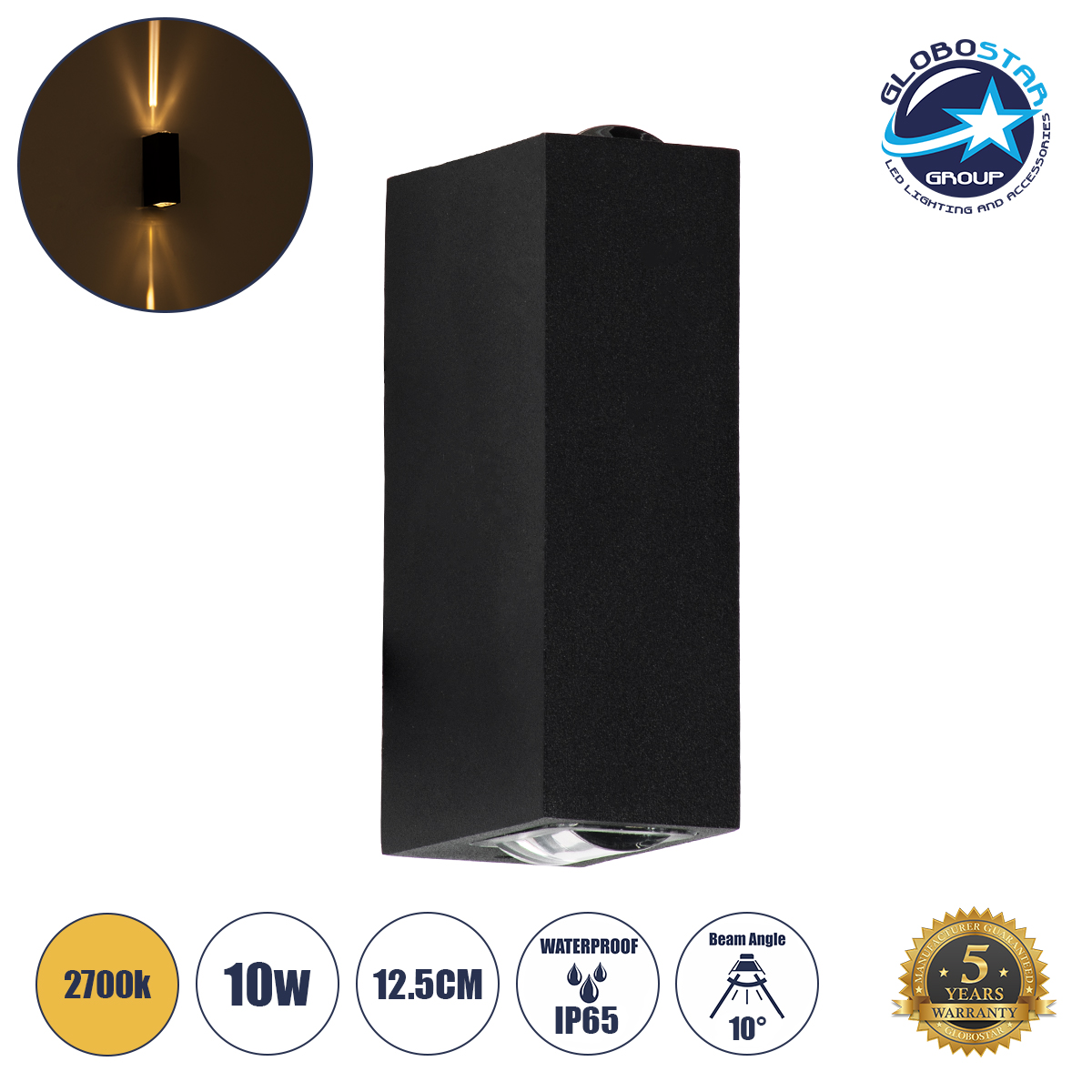 60529_1 GLOBOSTAR® LINOR 60529 Μοντέρνο Φωτιστικό Τοίχου - Απλίκα LED 10W 1000lm 10° AC 220-240V Αδιάβροχο IP65 Θερμό Λευκό 2700K - Bridgelux COB Chip & TÜV SÜD Driver - Μαύρο Ματ - Μ12.5 x Π6 x Υ4cm - 5 Χρόνια Εγγύηση - Image 1