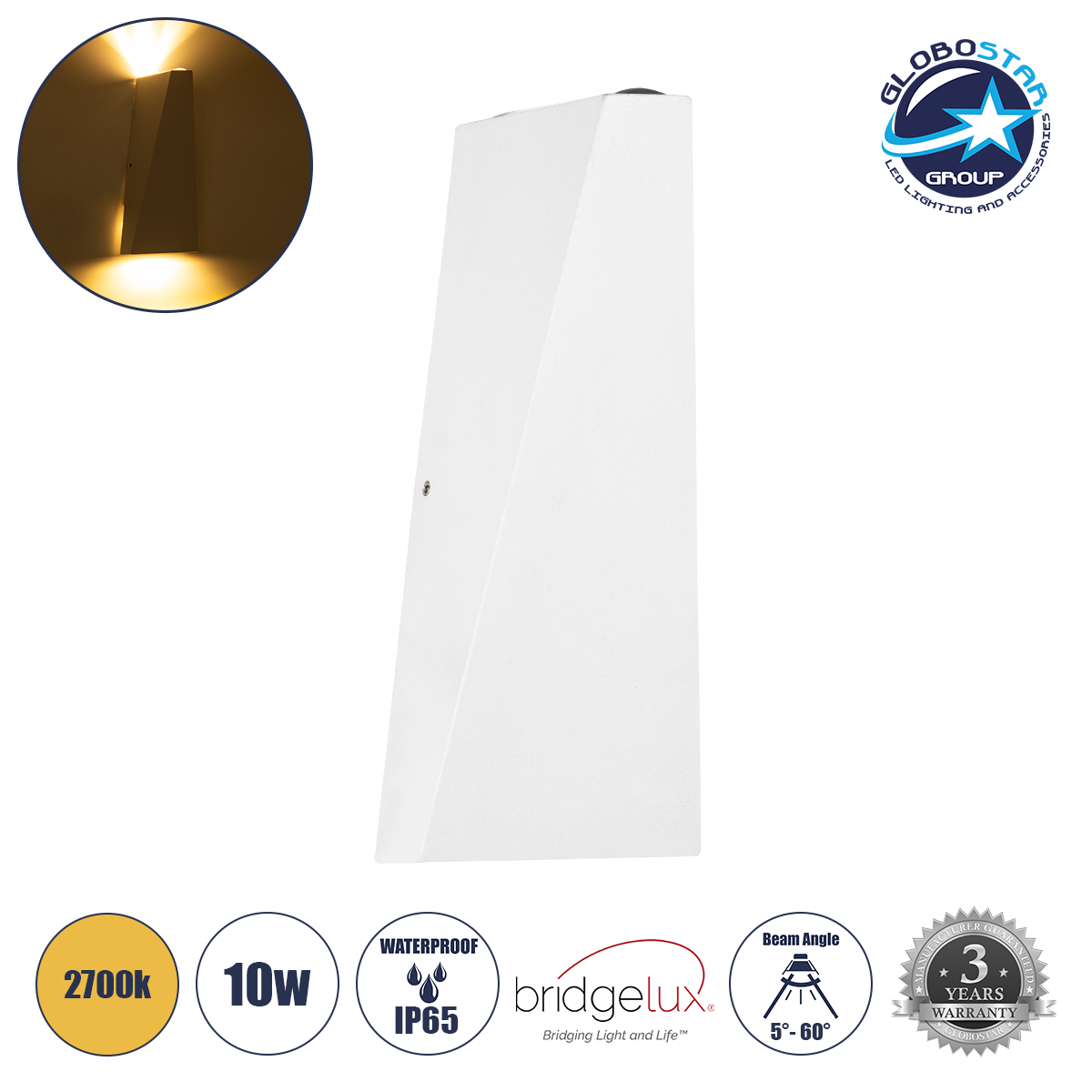 60551_1 GLOBOSTAR® TRIANDE 60551 Μοντέρνο Φωτιστικό Τοίχου - Απλίκα LED 10W 1150lm 5°/60° AC 220-240V Αδιάβροχο IP65 Θερμό Λευκό 2700K - Bridgelux COB Chip & TÜV SÜD Driver - Λευκό Ματ - Μ8.5 x Π8.5 x Υ20cm - 5 Χρόνια Εγγύηση - Image 1