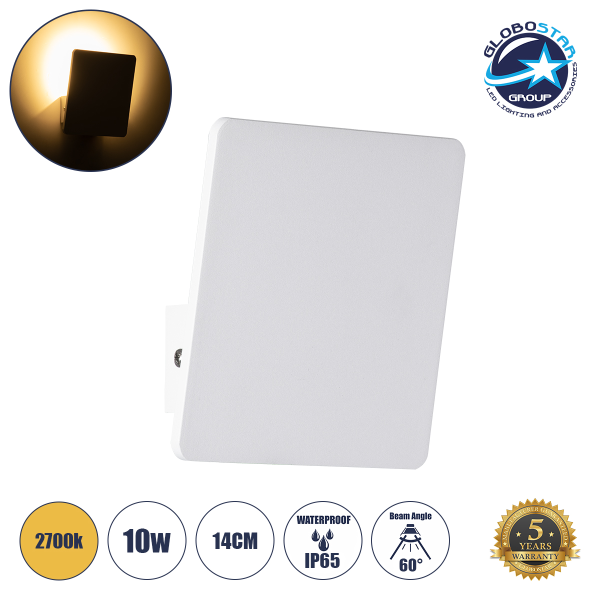 60569_01 GLOBOSTAR® CUADRADO 60569 Μοντέρνο Φωτιστικό Τοίχου - Απλίκα LED 10W 1000lm 60° AC 220-240V Αδιάβροχο IP65 Θερμό Λευκό 2700K - Bridgelux COB Chip & TÜV SÜD Driver - Λευκό Ματ - Μ14 x Π14 x Υ4.5cm - 5 Χρόνια Εγγύηση - Image 1