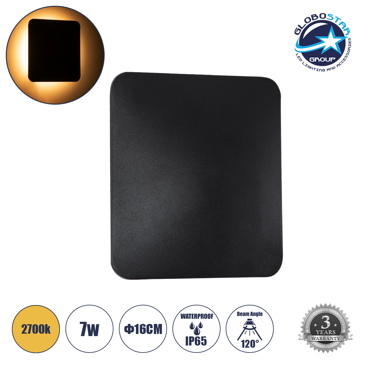 60662_01 GLOBOSTAR® HELIO-S 60662 Μοντέρνο Φωτιστικό Τοίχου - Απλίκα LED 7W 700lm 120° AC 220-240V Αδιάβροχο IP65 Θερμό Λευκό 2700K - Lumileds SMD Chip & TÜV SÜD Driver - Μαύρο Ματ - Μ16 x Π5 x Υ16cm - 5 Χρόνια Εγγύηση - Image 1
