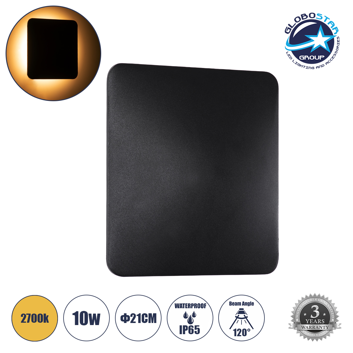 60663_01 GLOBOSTAR® HELIO-S 60663 Μοντέρνο Φωτιστικό Τοίχου - Απλίκα LED 10W 1150lm 120° AC 220-240V Αδιάβροχο IP65 Θερμό Λευκό 2700K - Lumileds SMD Chip & TÜV SÜD Driver - Μαύρο Ματ - Μ21 x Π5 x Υ21cm - 5 Χρόνια Εγγύηση - Image 1