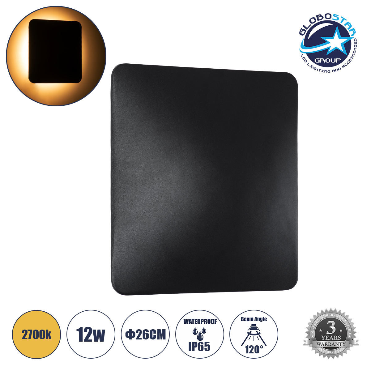 60664_01 GLOBOSTAR® HELIO-S 60664 Μοντέρνο Φωτιστικό Τοίχου - Απλίκα LED 12W 1380lm 120° AC 220-240V Αδιάβροχο IP65 Θερμό Λευκό 2700K - Lumileds SMD Chip & TÜV SÜD Driver - Μαύρο Ματ - Μ26 x Π5 x Υ26cm - 5 Χρόνια Εγγύηση - Image 1