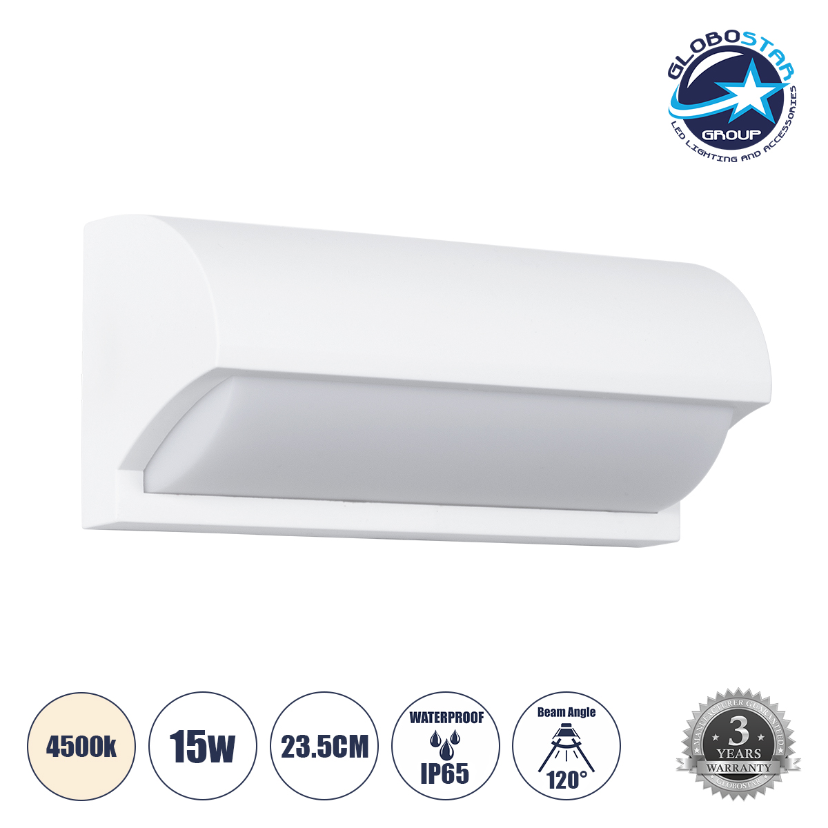 60691_01 GLOBOSTAR® HORIZON 60691 Μοντέρνο Φωτιστικό Τοίχου - Απλίκα LED 15W 1575lm 120° AC 220-240V Αδιάβροχο IP65 Φυσικό Λευκό 4500K - Bridgelux SMD Chip - Λευκό Ματ - Μ23.5 x Π11 x Υ10cm - 3 Χρόνια Εγγύηση - Image 1