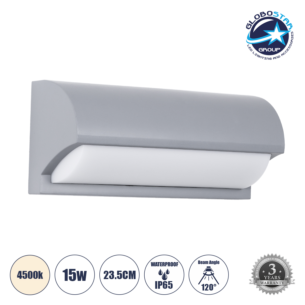 60692_01 GLOBOSTAR® HORIZON 60692 Μοντέρνο Φωτιστικό Τοίχου - Απλίκα LED 15W 1575lm 120° AC 220-240V Αδιάβροχο IP65 Φυσικό Λευκό 4500K - Bridgelux SMD Chip - Γκρι Ματ - Μ23.5 x Π11 x Υ10cm - 3 Χρόνια Εγγύηση - Image 1