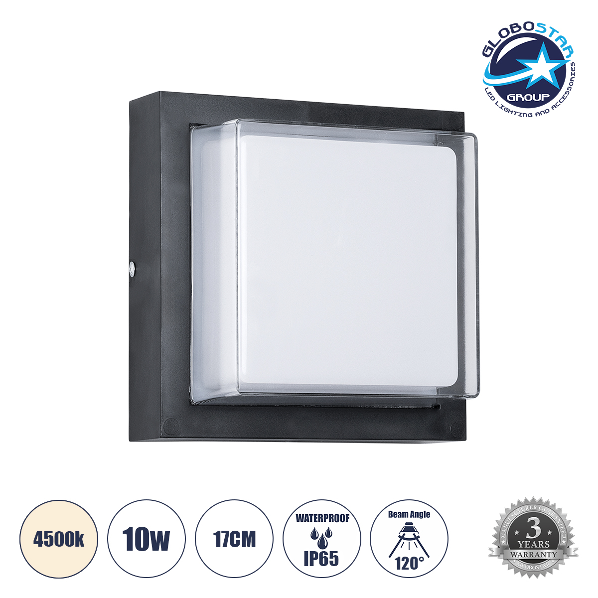 60767_1 GLOBOSTAR® NEXUS 60767 Μοντέρνο Φωτιστικό Τοίχου - Απλίκα LED 10W 1050lm 120° AC 220-240V Αδιάβροχο IP65 Φυσικό Λευκό 4500K - Bridgelux SMD Chip - Μαύρο Ματ - Μ17 x Π17 x Υ9cm - 3 Χρόνια Εγγύηση - Image 1