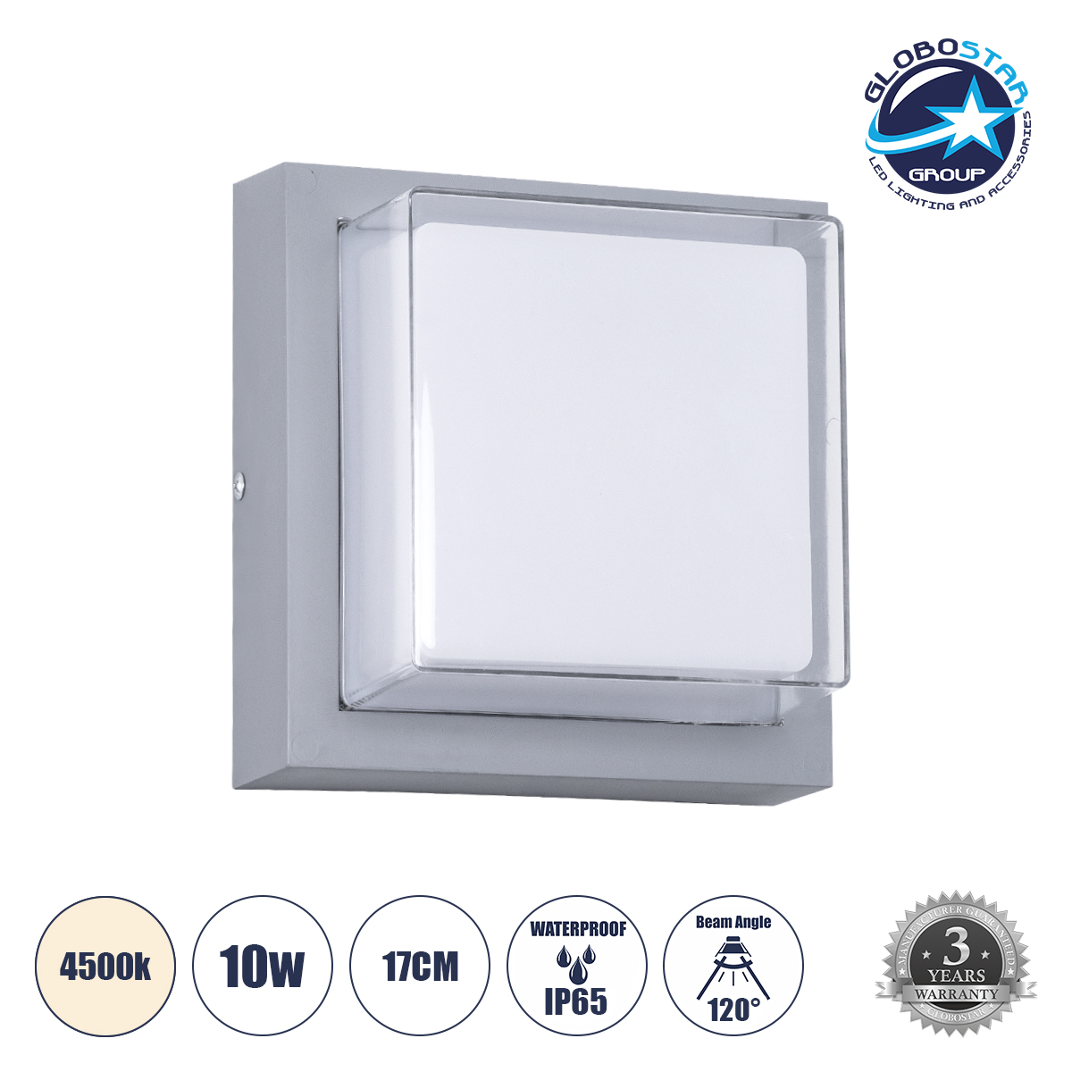 60768_1 GLOBOSTAR® NEXUS 60768 Μοντέρνο Φωτιστικό Τοίχου - Απλίκα LED 10W 1050lm 120° AC 220-240V Αδιάβροχο IP65 Φυσικό Λευκό 4500K - Bridgelux SMD Chip - Γκρι - Μ17 x Π17 x Υ9cm - 3 Χρόνια Εγγύηση - Image 1