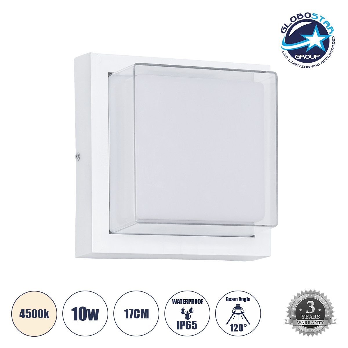 60769_1 GLOBOSTAR® NEXUS 60769 Μοντέρνο Φωτιστικό Τοίχου - Απλίκα LED 10W 1050lm 120° AC 220-240V Αδιάβροχο IP65 Φυσικό Λευκό 4500K - Bridgelux SMD Chip - Λευκό Ματ - Μ17 x Π17 x Υ9cm - 3 Χρόνια Εγγύηση - Image 1