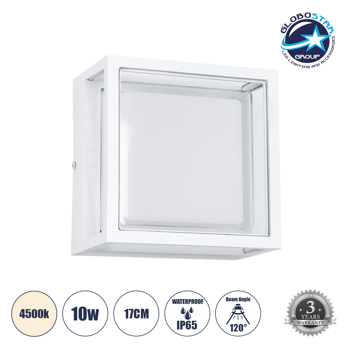 60775_1 GLOBOSTAR® MAJESTIC 60775 Μοντέρνο Φωτιστικό Τοίχου - Απλίκα LED 10W 1050lm 120° AC 220-240V Αδιάβροχο IP65 Φυσικό Λευκό 4500K - Bridgelux SMD Chip - Λευκό Ματ - Μ17 x Π17 x Υ9cm - 3 Χρόνια Εγγύηση - Image 1