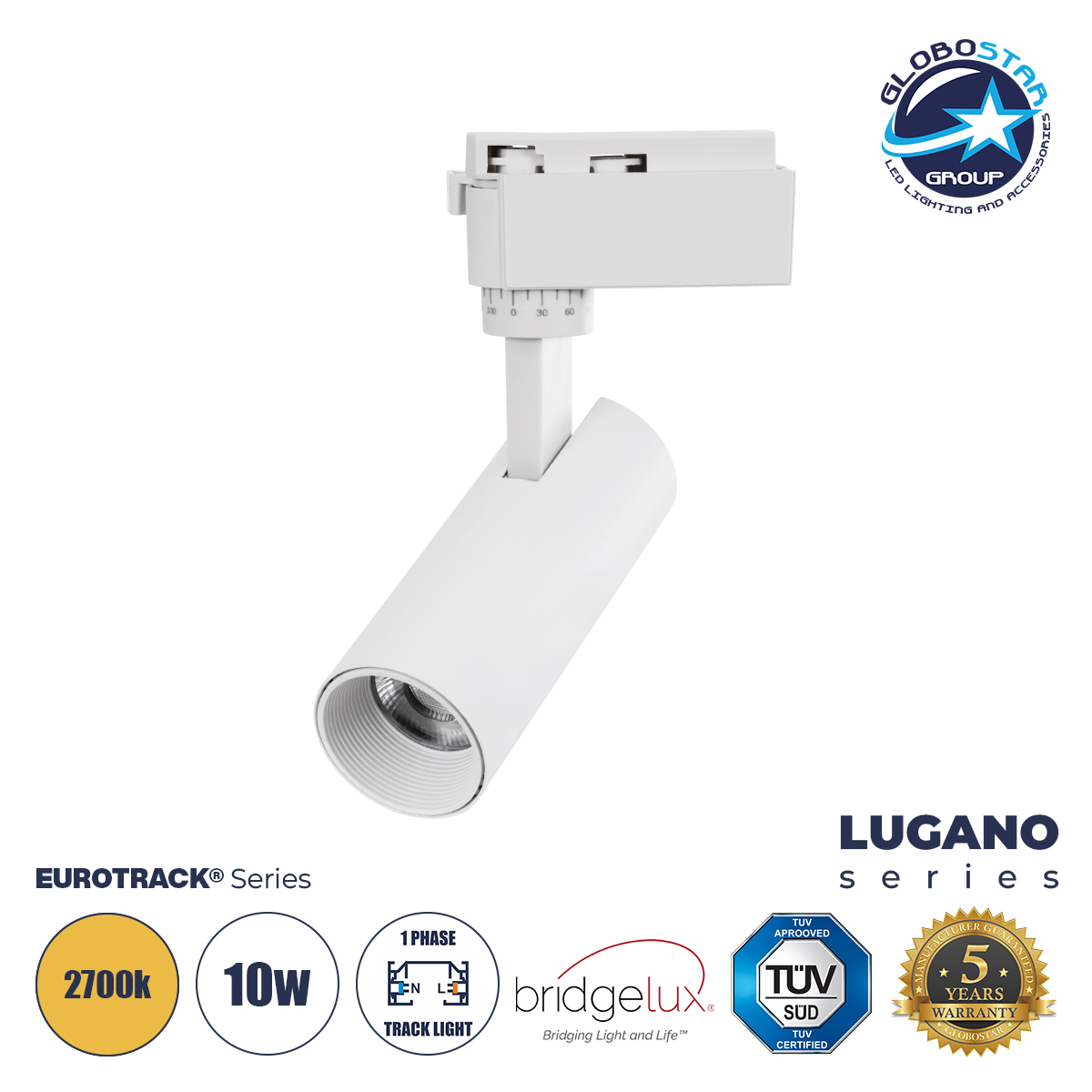 60802_1 GloboStar® LUGANO 60802 Μονοφασικό Φωτιστικό Σποτ Ράγας LED 10W 1200lm 36° Acrylic HQ LENS AC 220-240V IP20 Φ4.5 x Υ18cm Θερμό Λευκό 2700K - EUROTRACK® System 1L+1N - Λευκό - Bridgelux Chip - TÜV Certified Driver - 5 Χρόνια Εγγύηση - Image 1