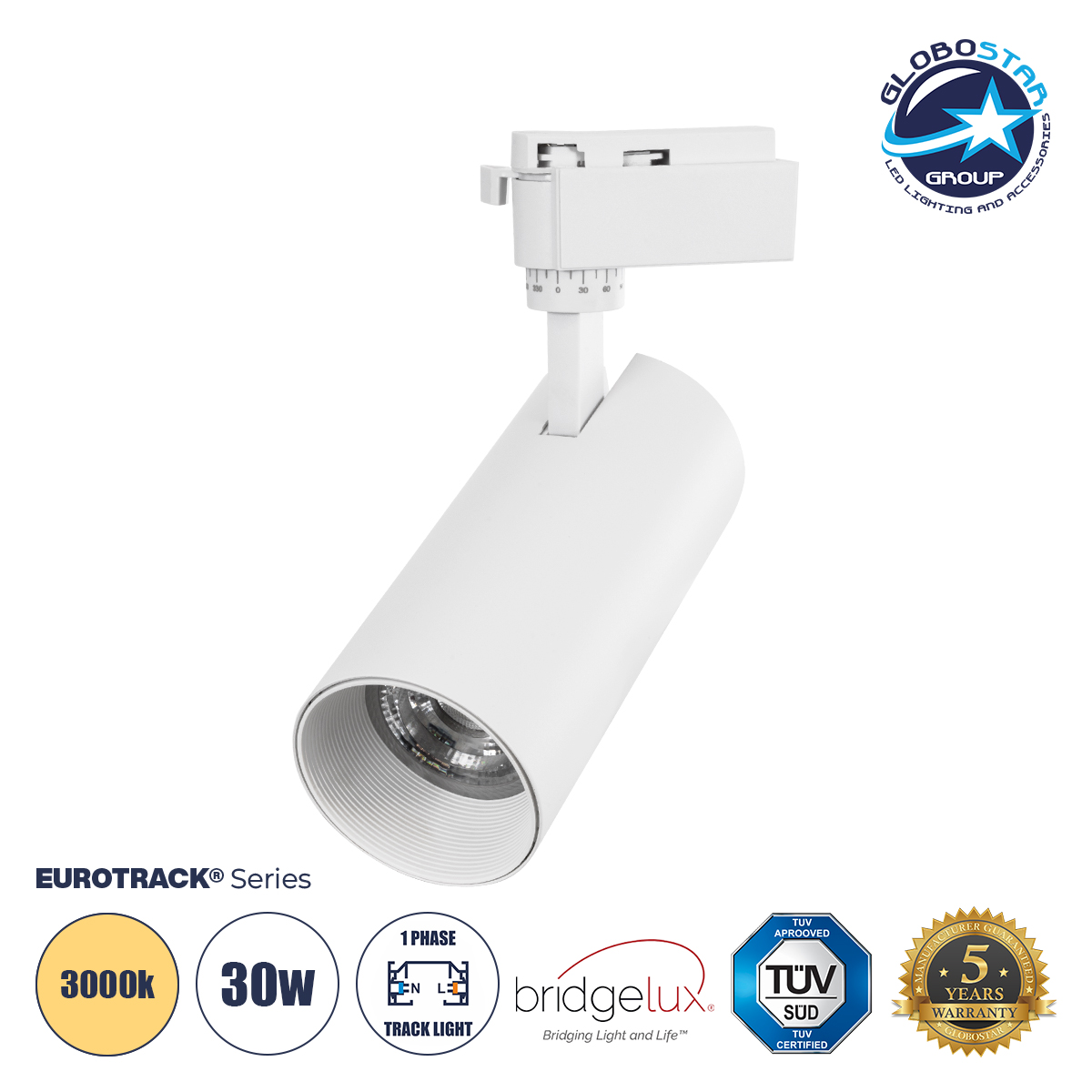 60814_1 GLOBOSTAR® LUGANO 60814 Μονοφασικό Σποτ Ράγας LED 30W 3600lm 36° AC 220-240V IP20 Θερμό Λευκό 2700K - Bridgelux COB Chip & TÜV SÜD Driver - Eurotrack 1PH - Λευκό Ματ - Μ7.5 x Π7.5 x Υ22cm - 5 Χρόνια Εγγύηση - Image 1