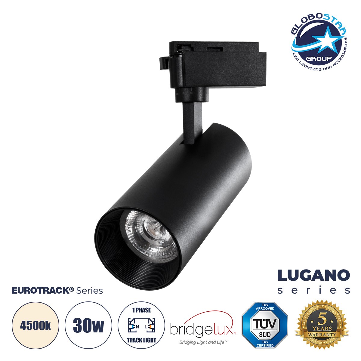 60816_1 GLOBOSTAR® LUGANO 60816 Μονοφασικό Σποτ Ράγας LED 30W 3750lm 36° AC 220-240V IP20 Φυσικό Λευκό 4500K - Bridgelux COB Chip & TÜV SÜD Driver - Eurotrack 1PH - Μαύρο Ματ - Μ7.5 x Π7.5 x Υ22cm - 5 Χρόνια Εγγύηση - Image 1