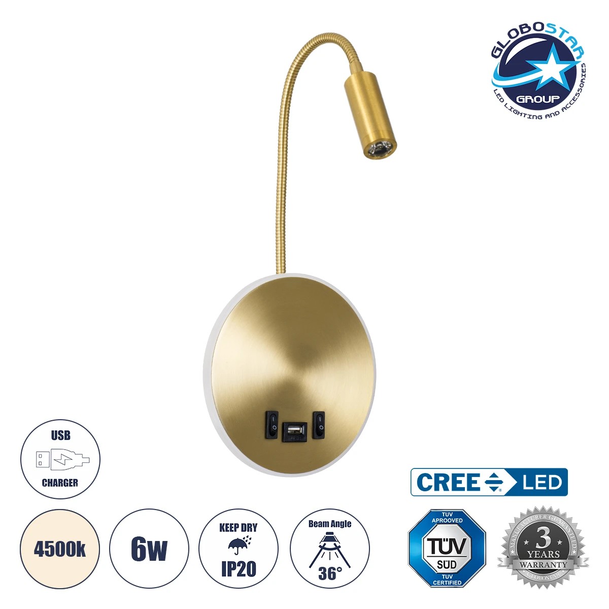 60885_01 GLOBOSTAR® GOOSE 60885 Μοντέρνο Φωτιστικό Τοίχου - Απλίκα Ξενοδοχείου Reading Light με Φορτιστή USB 3A LED 6W 600lm 36° & 360° AC 220-240V IP20 Φυσικό Λευκό 4500K - CREE XPE & Lumileds SMD Chip & TÜV SÜD Driver - Χρυσό Πλατίνα - Μ15.5 x Π15 x Υ30.5cm - 3 Χρόνια Εγγύηση - Image 1