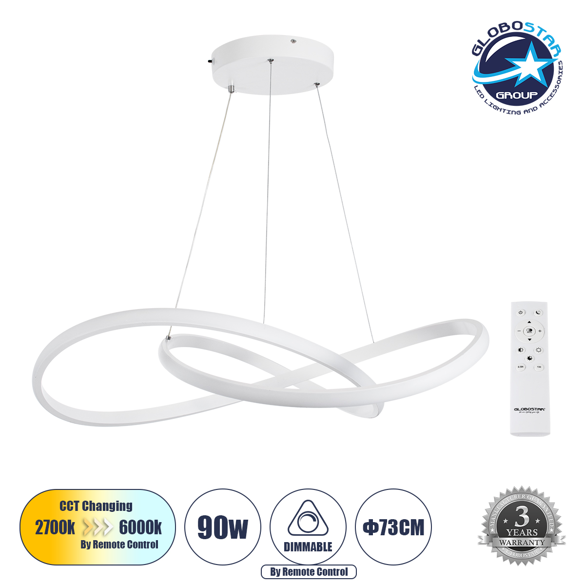 60914_1 GLOBOSTAR® DEXTER 60914 Μοντέρνο Κρεμαστό Φωτιστικό Οροφής LED 90W 10080lm 300° AC 220-240V IP20 Ρυθμιζόμενο Λευκό CCT με Χειριστήριο από 2700K έως 6000K Dimmable - Lumileds SMD Chip - Λευκό Ματ - Μ73 x Π73 x Υ16cm - 3 Χρόνια Εγγύηση - Image 1