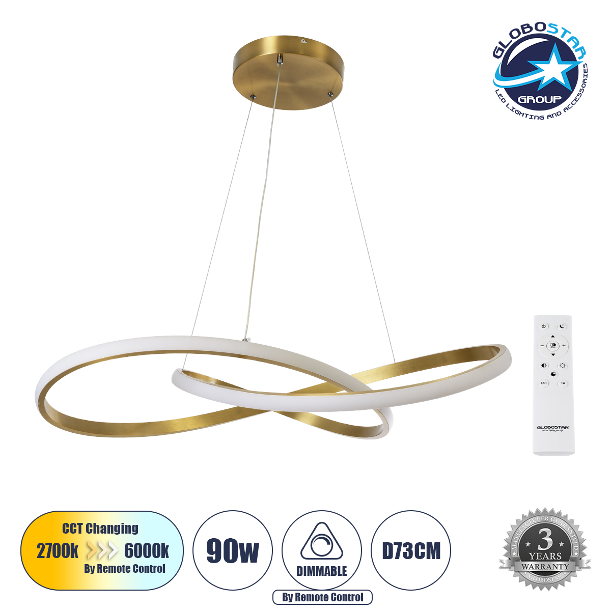 60916_1 GLOBOSTAR® DEXTER 60916 Μοντέρνο Κρεμαστό Φωτιστικό Οροφής LED 90W 10080lm 300° AC 220-240V IP20 Ρυθμιζόμενο Λευκό CCT με Χειριστήριο από 2700K έως 6000K Dimmable - Lumileds SMD Chip - Σατινέ Χρυσό Βούρτσας - Μ73 x Π73 x Υ16cm - 3 Χρόνια Εγγύηση - Image 1