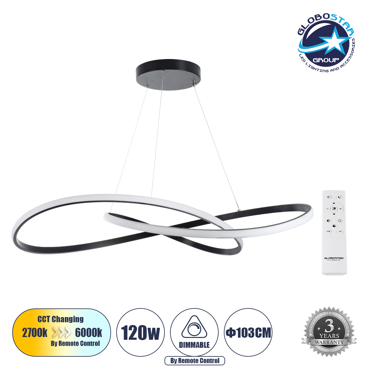 60917_1 GLOBOSTAR® DEXTER 60917 Μοντέρνο Κρεμαστό Φωτιστικό Οροφής LED 120W 13440lm 300° AC 220-240V IP20 Ρυθμιζόμενο Λευκό CCT με Χειριστήριο από 2700K έως 6000K Dimmable - Lumileds SMD Chip - Μαύρο Ματ - Μ103 x Π103 x Υ22cm - 3 Χρόνια Εγγύηση - Image 1