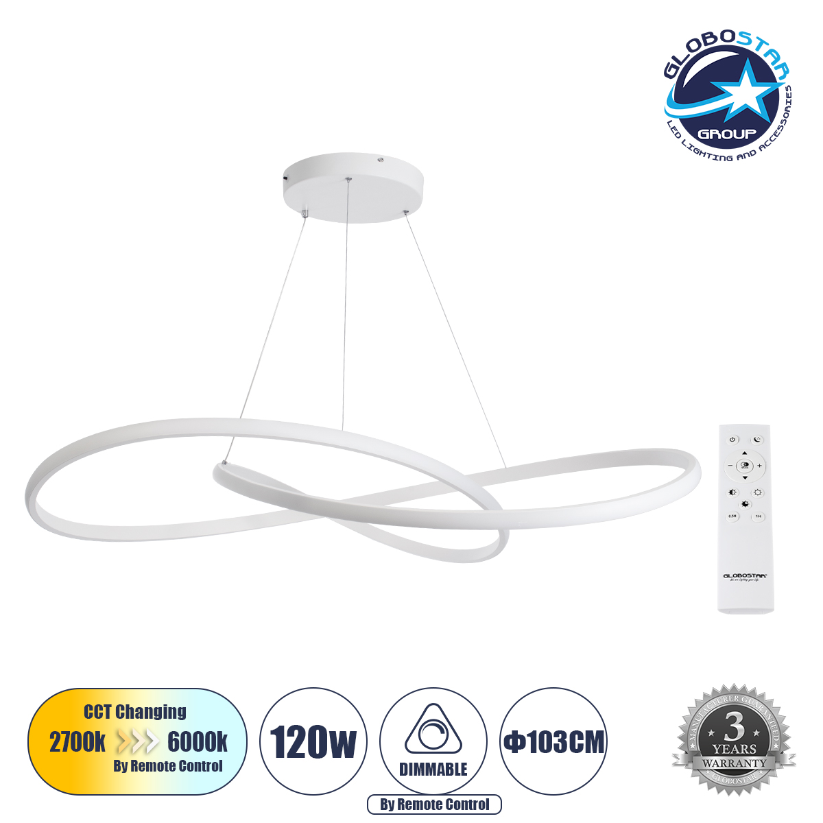 60918_1 GLOBOSTAR® DEXTER 60918 Μοντέρνο Κρεμαστό Φωτιστικό Οροφής LED 120W 13440lm 300° AC 220-240V IP20 Ρυθμιζόμενο Λευκό CCT με Χειριστήριο από 2700K έως 6000K Dimmable - Lumileds SMD Chip - Λευκό Ματ - Μ103 x Π103 x Υ22cm - 3 Χρόνια Εγγύηση - Image 1