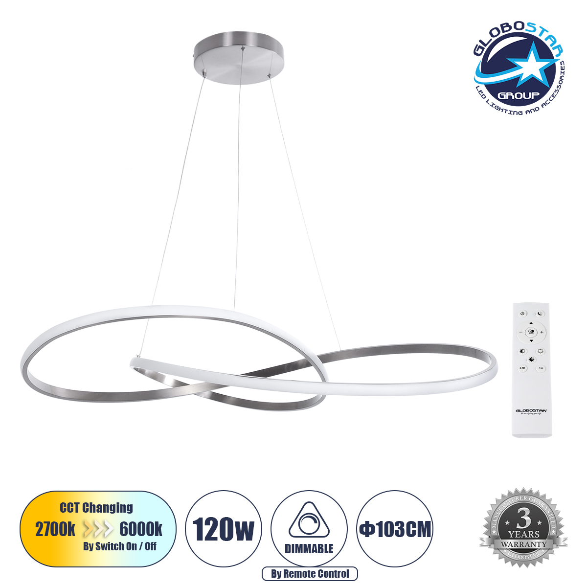 60919_1 GLOBOSTAR® DEXTER 60919 Μοντέρνο Κρεμαστό Φωτιστικό Οροφής LED 120W 13440lm 300° AC 220-240V IP20 Ρυθμιζόμενο Λευκό CCT με Χειριστήριο από 2700K έως 6000K Dimmable - Lumileds SMD Chip - Νίκελ Βούρτσας - Μ103 x Π103 x Υ30cm - 3 Χρόνια Εγγύηση - Image 1