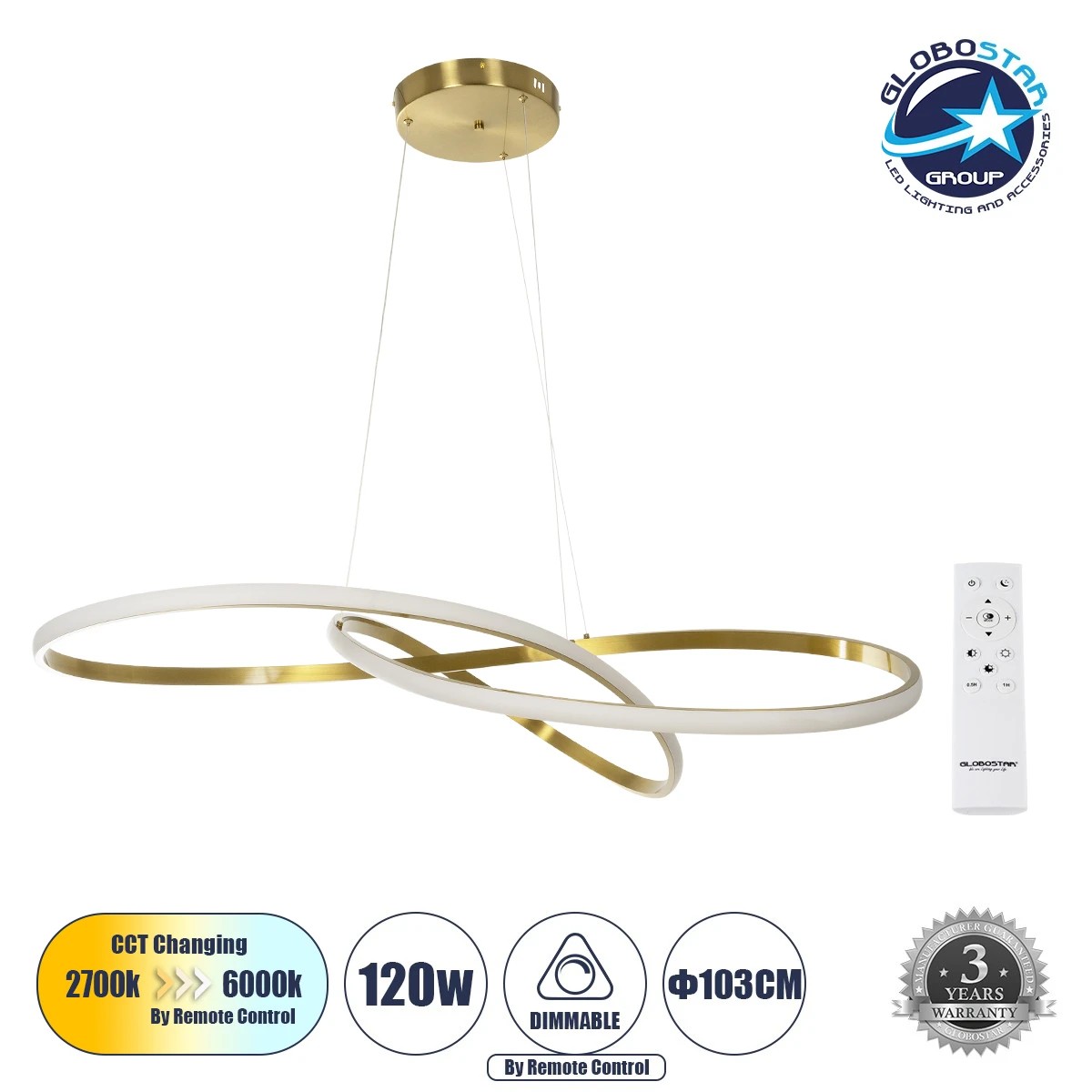 60920_1 GLOBOSTAR® DEXTER 60920 Μοντέρνο Κρεμαστό Φωτιστικό Οροφής LED 120W 13440lm 300° AC 220-240V IP20 Ρυθμιζόμενο Λευκό CCT με Χειριστήριο από 2700K έως 6000K Dimmable - Lumileds SMD Chip - Χρυσό Βούρτσας - Μ103 x Π103 x Υ30cm - 3 Χρόνια Εγγύηση - Image 1