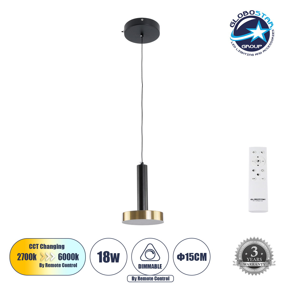 60933_1 GLOBOSTAR® ZANE 60933 Μοντέρνο Κρεμαστό Φωτιστικό Οροφής LED 18W 2016lm 120° AC 220-240V IP20 Ρυθμιζόμενο Λευκό CCT με Χειριστήριο από 2700K έως 6000K Dimmable - Lumileds SMD Chip - Μαύρο Ματ & Χρυσό - Μ15 x Π15 x Υ20cm - 3 Χρόνια Εγγύηση - Image 1