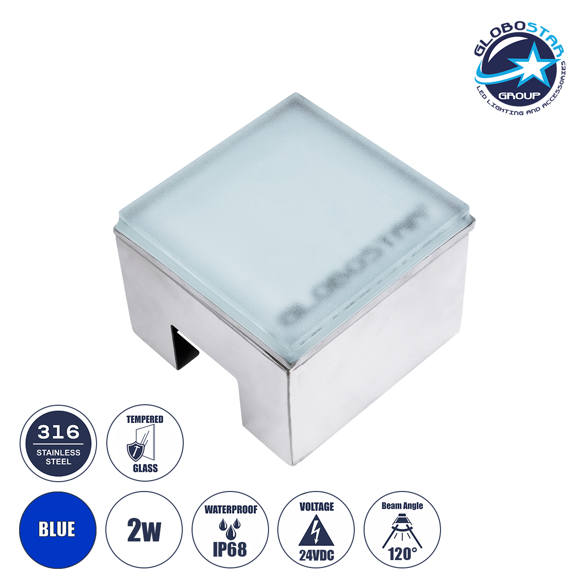 60946_1 GLOBOSTAR® CYBOLITHOS 60946 Χωνευτό Αρχιτεκτονικο Φωτιστικό Σποτ Δαπέδου LED 2W 170lm 120° DC 24V Αδιάβροχο IP68 IK06 Μπλε Dimmable - Bridgelux SMD Chip - Γαλακτερό Tempered Glass & Ανοξείδωτο Ατσάλι SS316 - Μ10 x Π10x Υ8cm / Q10 x 10cm - 3 Χρόνια Εγγύηση - Image 1