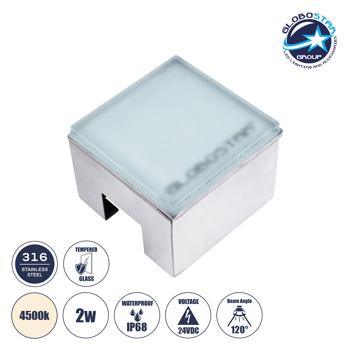 60947_1 GLOBOSTAR® CYBOLITHOS 60947 Χωνευτό Αρχιτεκτονικο Φωτιστικό Σποτ Δαπέδου LED 2W 230lm 120° DC 24V Αδιάβροχο IP68 IK06 Φυσικό Λευκό 4500K Dimmable - Bridgelux SMD Chip - Γαλακτερό Tempered Glass & Ανοξείδωτο Ατσάλι SS316 - Μ10 x Π10x Υ8cm / Q10 x 10cm - 3 Χρόνια Εγγύηση - Image 1