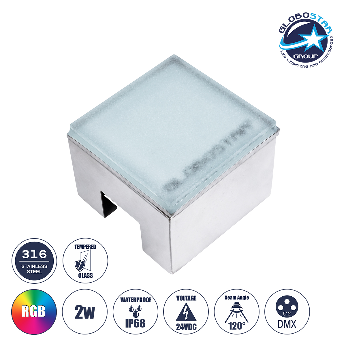 60948_1 GLOBOSTAR® CYBOLITHOS 60948 Χωνευτό Αρχιτεκτονικο Φωτιστικό Σποτ Δαπέδου LED 2W 170lm 120° DC 24V Αδιάβροχο IP68 IK06 Πολύχρωμο RGB Dimmable DMX512 - Bridgelux SMD Chip - Γαλακτερό Tempered Glass & Ανοξείδωτο Ατσάλι SS316 - Μ10 x Π10x Υ8cm / Q10 x 10cm - 3 Χρόνια Εγγύηση - Image 1