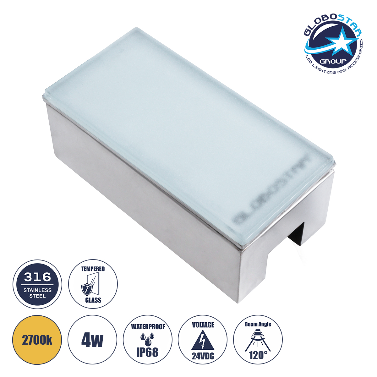 60949_1 GLOBOSTAR® CYBOLITHOS 60949 Χωνευτό Αρχιτεκτονικο Φωτιστικό Σποτ Δαπέδου LED 4W 440lm 120° DC 24V Αδιάβροχο IP68 IK06 Θερμό Λευκό 2700K Dimmable - Bridgelux SMD Chip - Γαλακτερό Tempered Glass & Ανοξείδωτο Ατσάλι SS316 - Μ20 x Π10x Υ8cm / Q20 x 10cm - 3 Χρόνια Εγγύηση - Image 1