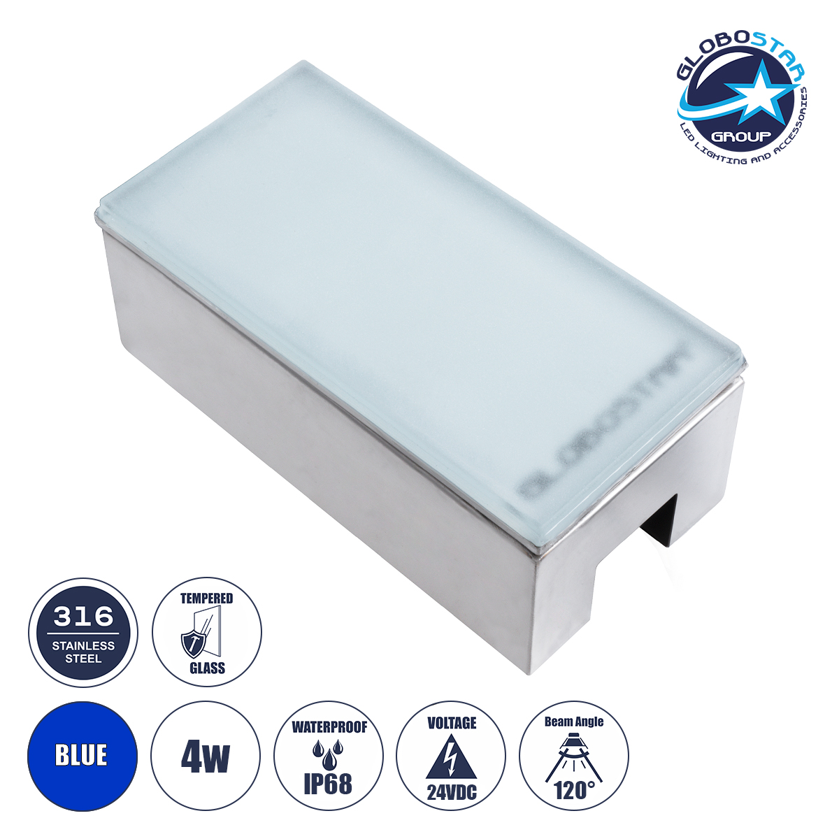 60952_1 GLOBOSTAR® CYBOLITHOS 60952 Χωνευτό Αρχιτεκτονικο Φωτιστικό Σποτ Δαπέδου LED 4W 340lm 120° DC 24V Αδιάβροχο IP68 IK06 Μπλε Dimmable - Bridgelux SMD Chip - Γαλακτερό Tempered Glass & Ανοξείδωτο Ατσάλι SS316 - Μ20 x Π10x Υ8cm / Q20 x 10cm - 3 Χρόνια Εγγύηση - Image 1