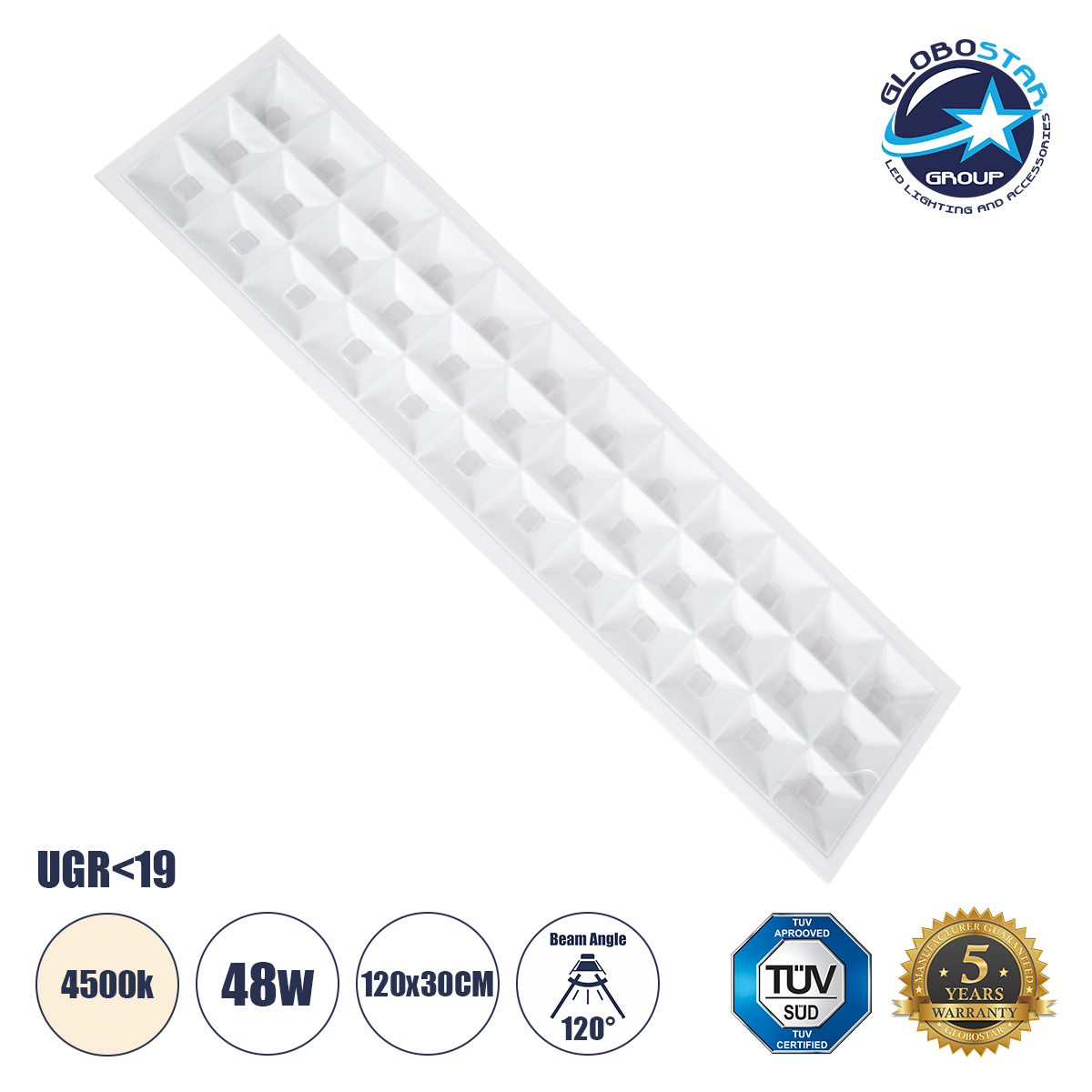 60972_01 GLOBOSTAR® ZEUS 60972 Χωνευτό Panel Οροφής 120x30 με Anti Glare Reflector LED 48W 7200lm 120° CRI≥85Ra UGR<19 AC 220-240V IP20 Φυσικό Λευκό 4500K - Lumileds SMD Chip & TÜV SÜD Driver - Λευκό Γαλακτερό - Μ120 x Π30 x Υ3.3cm / Q116 x 26cm - 5 Χρόνια Εγγύηση - Image 1
