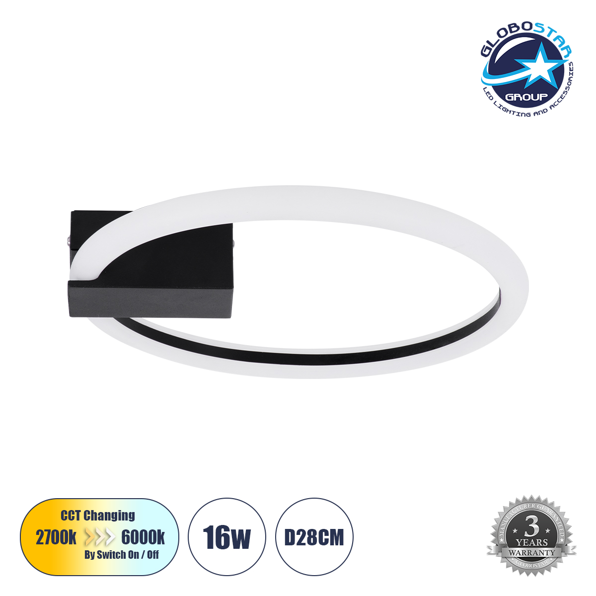 60976_001 GLOBOSTAR® CINDERELLA 60976 Μοντέρνο Φωτιστικό Οροφής LED 16W 1792lm 360° AC 220-240V IP20 Ρυθμιζόμενο Λευκό CCT με On/Off 2700K/4500K/6000K - Lumileds SMD Chip - Μαύρο Ματ - Μ28.5 x Π28.5 x Υ5cm - 3 Χρόνια Εγγύηση - Image 1