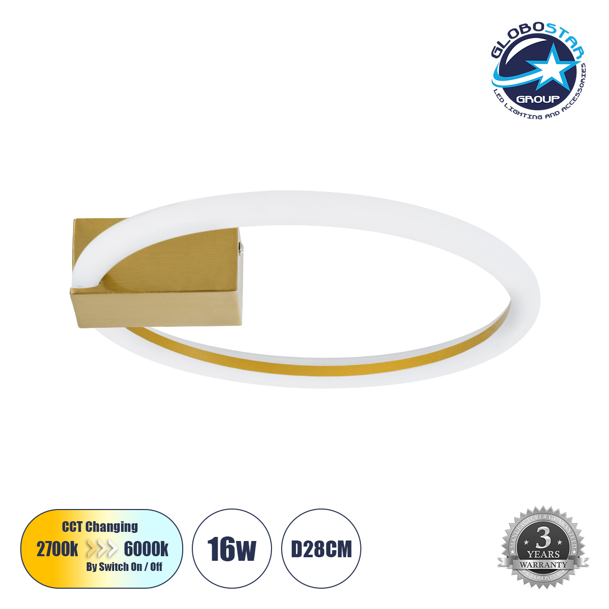 60978_1 GLOBOSTAR® CINDERELLA 60978 Μοντέρνο Φωτιστικό Οροφής LED 16W 1792lm 360° AC 220-240V IP20 Ρυθμιζόμενο Λευκό CCT με On/Off 2700K/4500K/6000K - Lumileds SMD Chip - Χρυσό Βούρτσας - Μ28.5 x Π28.5 x Υ5cm - 3 Χρόνια Εγγύηση - Image 1