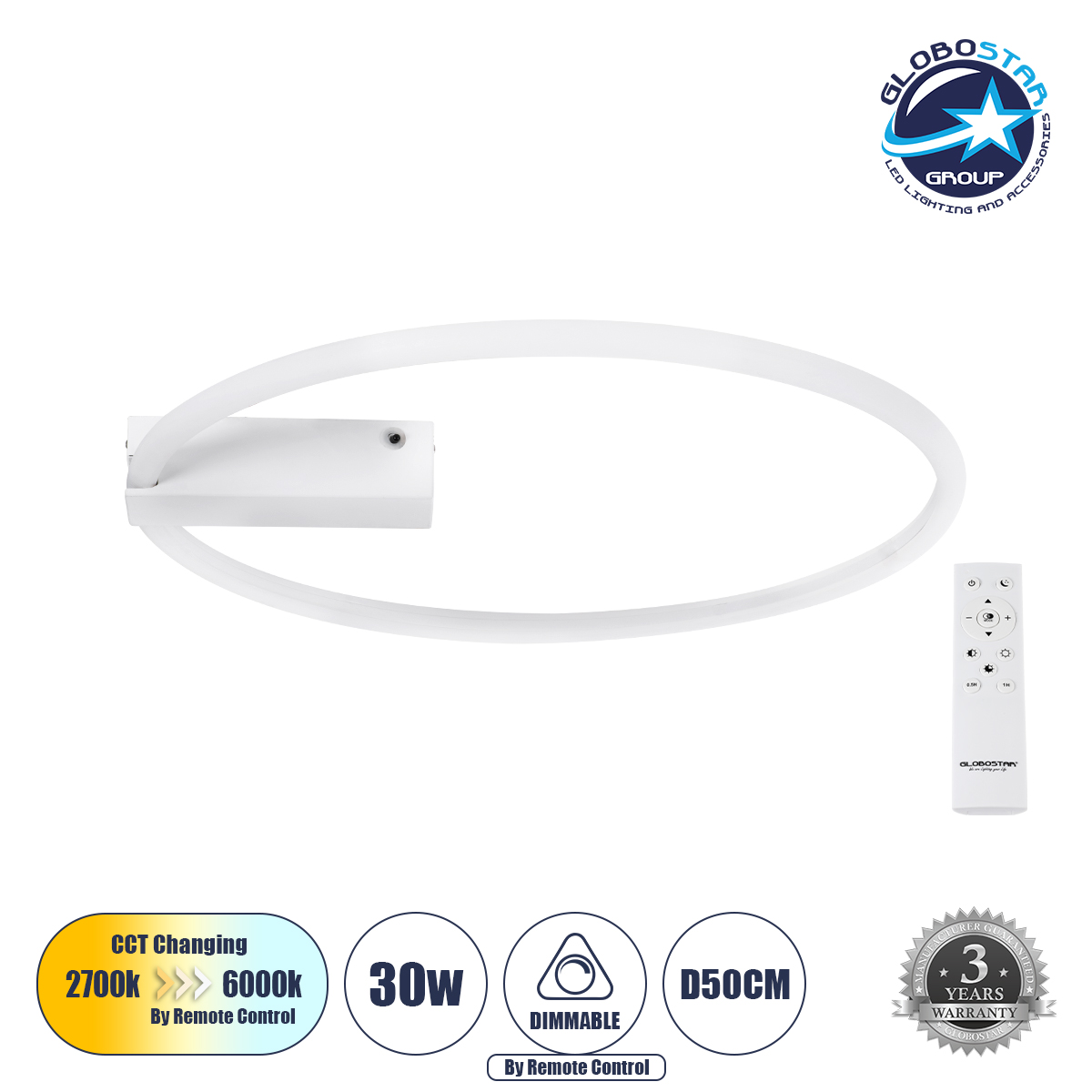 60981_1 GLOBOSTAR® CINDERELLA 60981 Μοντέρνο Φωτιστικό Οροφής LED 30W 3360lm 360° AC 220-240V IP20 Ρυθμιζόμενο Λευκό CCT με Χειριστήριο από 2700K έως 6000K Dimmable - Lumileds SMD Chip - Λευκό Ματ - Μ50 x Π50 x Υ5cm - 3 Χρόνια Εγγύηση - Image 1