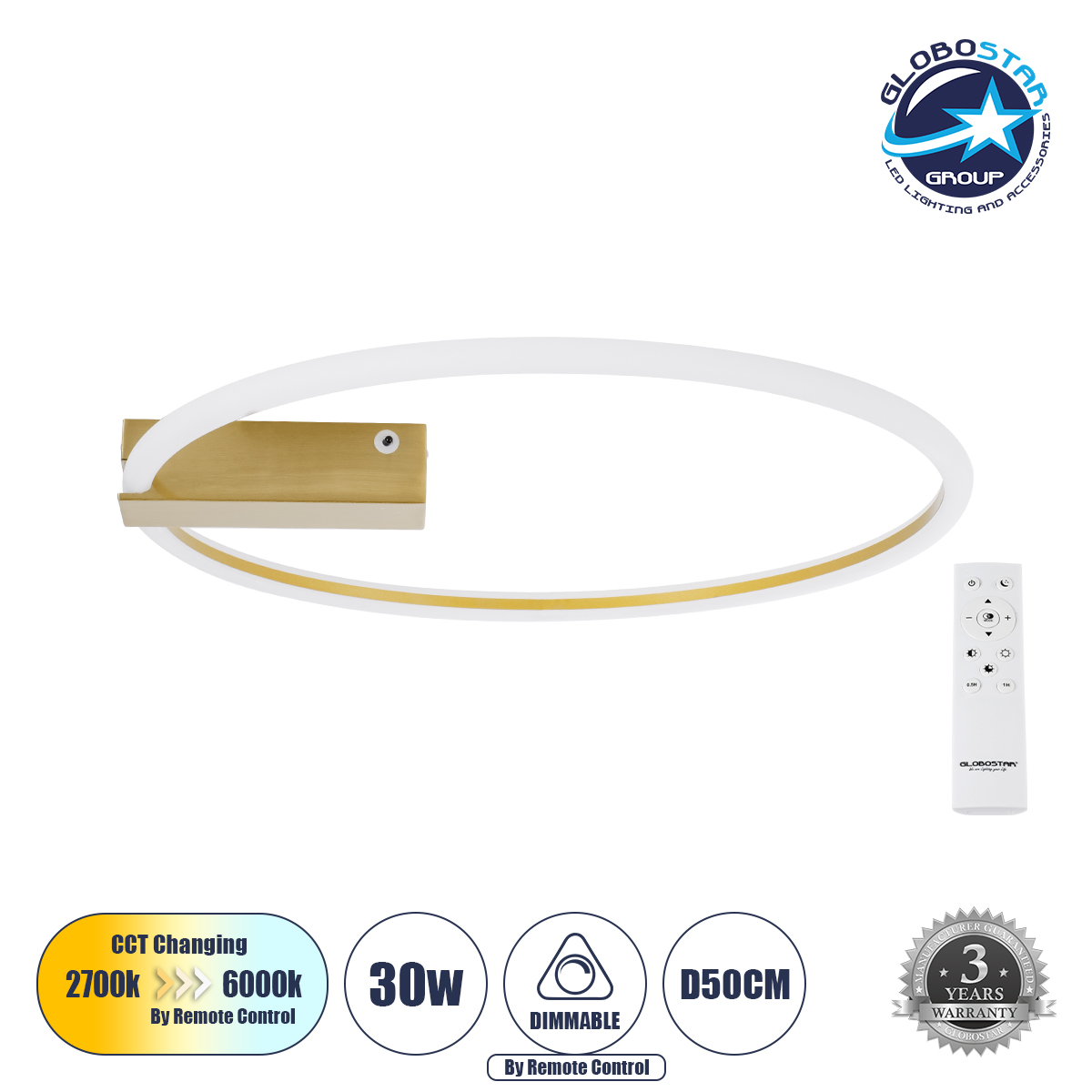 60982_1 GLOBOSTAR® CINDERELLA 60982 Μοντέρνο Φωτιστικό Οροφής LED 30W 3360lm 360° AC 220-240V IP20 Ρυθμιζόμενο Λευκό CCT με Χειριστήριο από 2700K έως 6000K Dimmable - Lumileds SMD Chip - Χρυσό Βούρτσας - Μ50 x Π50 x Υ5cm - 3 Χρόνια Εγγύηση - Image 1