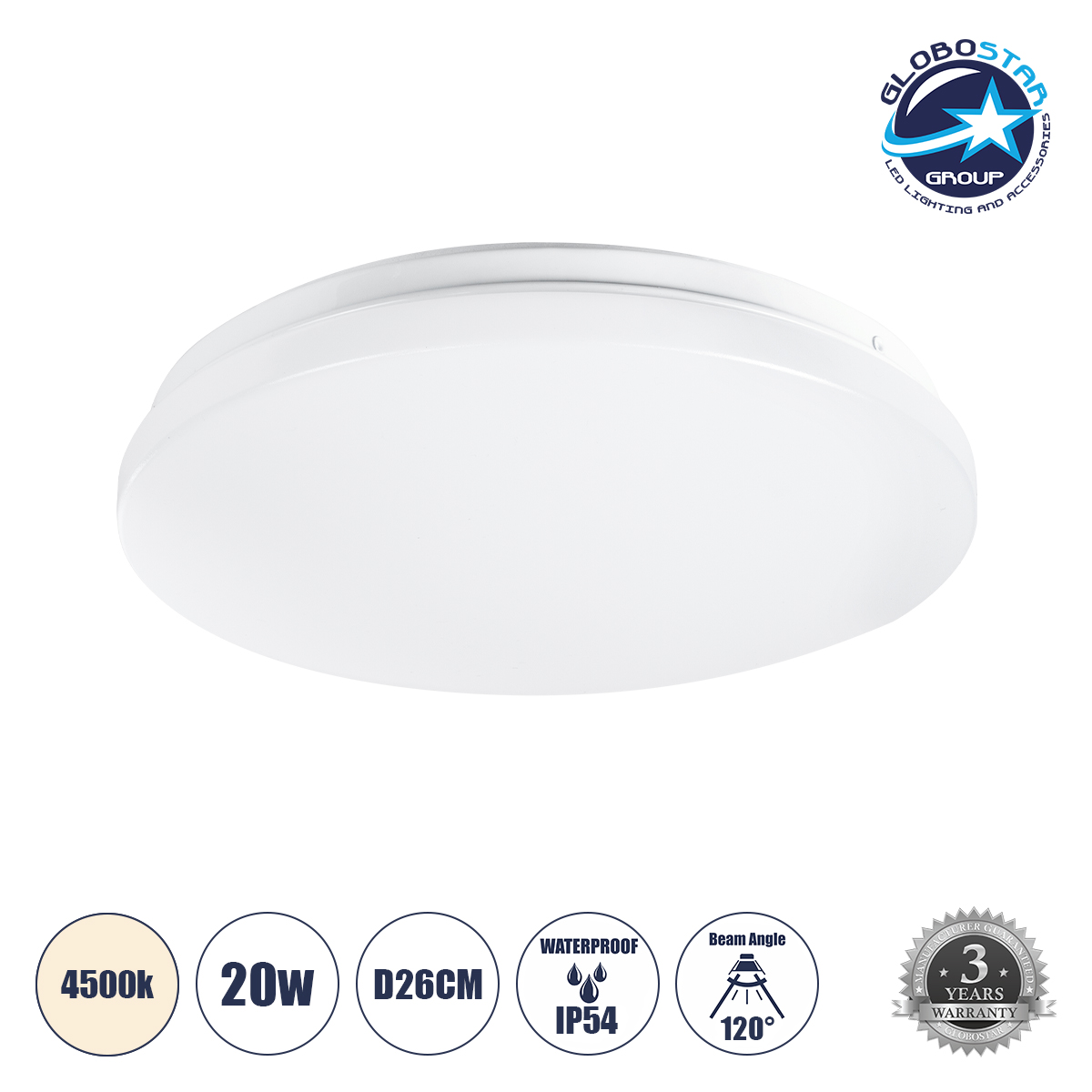 61006_1 GLOBOSTAR® CELANO 61006 Φωτιστικό Πλαφονιέρα Οροφής LED 20W 1900lm 120° AC 220-240V Αδιάβροχο IP54 Φυσικό Λευκό 4500K - Lumileds SMD Chip - Λευκό Γαλακτερό - Μ26 x Π26 x Υ6cm - 3 Χρόνια Εγγύηση - Image 1