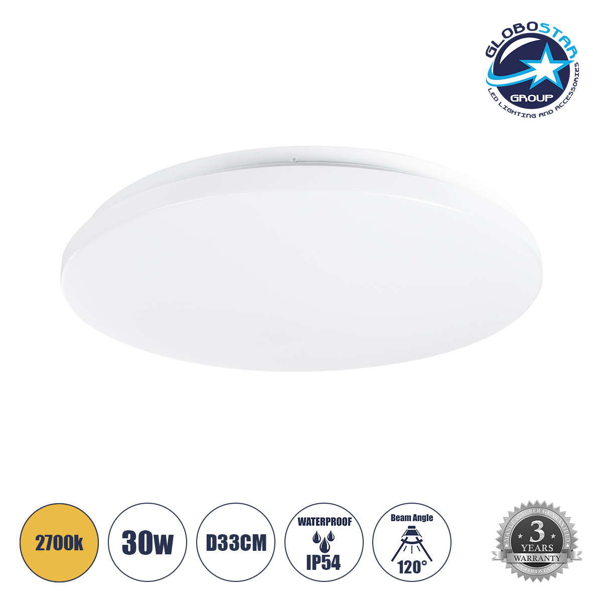 61010_1 GLOBOSTAR® CELANO 61010 Φωτιστικό Πλαφονιέρα Οροφής LED 30W 2700lm 120° AC 220-240V Αδιάβροχο IP54 Θερμό Λευκό 2700K - Lumileds SMD Chip - Λευκό Γαλακτερό - Μ33 x Π33 x Υ6cm - 3 Χρόνια Εγγύηση - Image 1