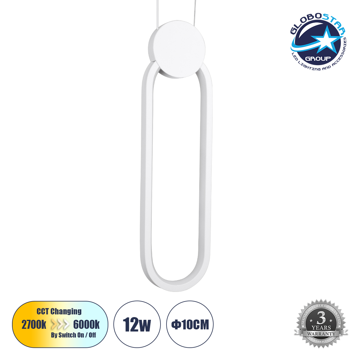 61089_1 GLOBOSTAR® ILDI 61089 Μοντέρνο Κρεμαστό Φωτιστικό Οροφής LED 12W 1440lm 300° AC 220-240V IP20 Ρυθμιζόμενο Λευκό CCT με On/Off 2700K/4500K/6000K - Lumileds SMD Chip - Λευκό Ματ - Μ10 x Π2.3 x Υ38cm - 3 Χρόνια Εγγύηση - Image 1