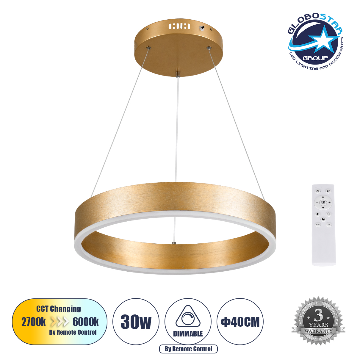 61175_1 GLOBOSTAR® VENOM 61175 Μοντέρνο Κρεμαστό Φωτιστικό Οροφής LED 30W 3513lm 120° AC 220-240V IP20 Ρυθμιζόμενο Λευκό CCT με Χειριστήριο από 2700K έως 6000K Dimmable - Lumileds SMD Chip - Χρυσό Βούρτσας - Μ40 x Π40 x Υ6.5cm - 3 Χρόνια Εγγύηση - Image 1