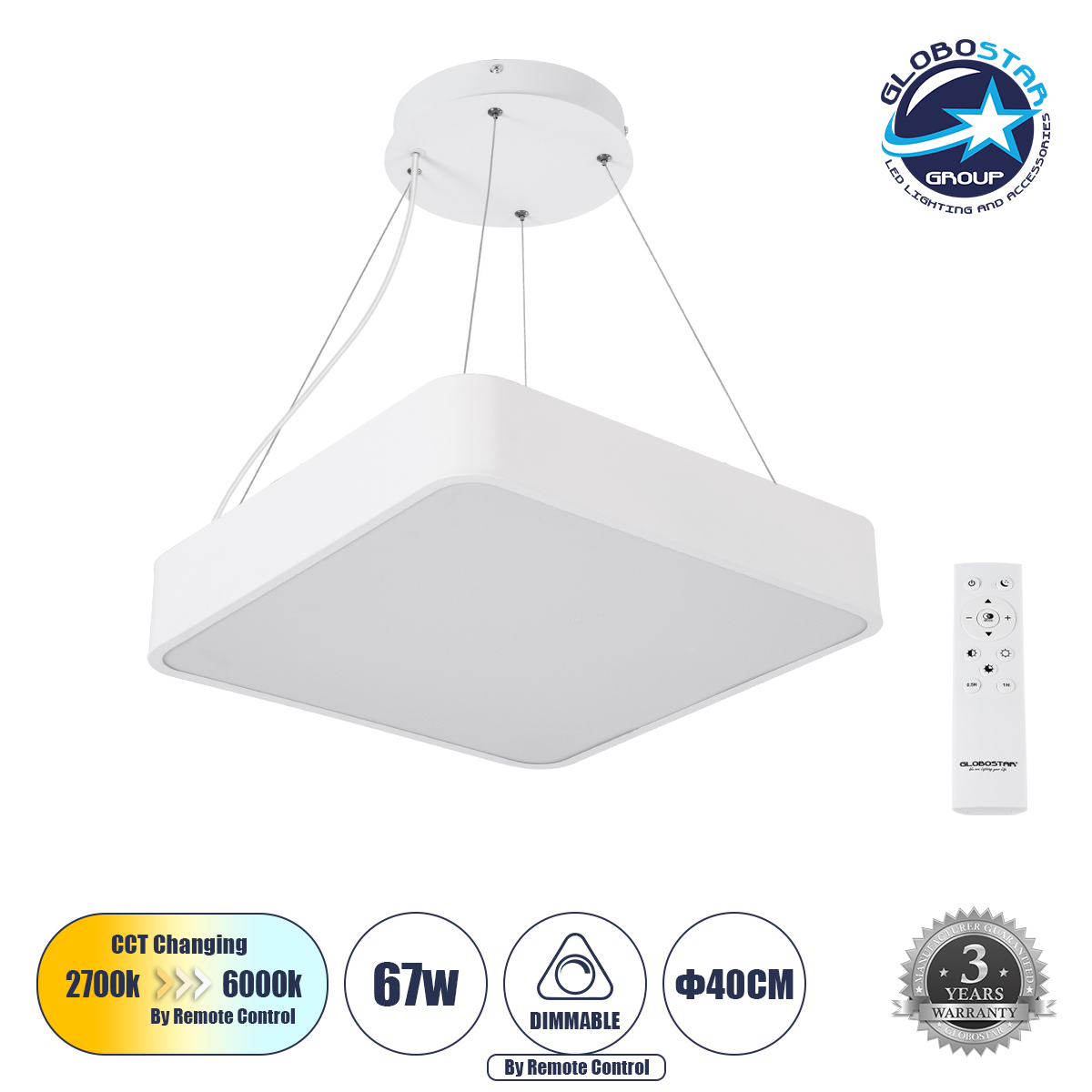 61207_1 GLOBOSTAR® KAMALA 61207 Μοντέρνο Κρεμαστό Φωτιστικό Οροφής LED 67W 7370lm 120° AC 220-240V IP20 Ρυθμιζόμενο Λευκό CCT με Χειριστήριο από 2700K έως 6000K Dimmable - Lumileds SMD Chip - Λευκό Ματ - Μ40 x Π40 x Υ8cm - 3 Χρόνια Εγγύηση - Image 1