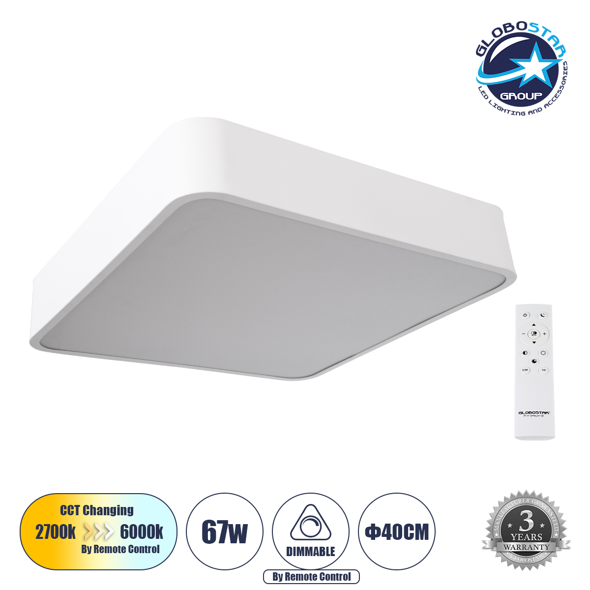 61207_1_1 GLOBOSTAR® KAMALA 61207-S Μοντέρνο Φωτιστικό Οροφής LED 67W 7370lm 120° AC 220-240V IP20 Ρυθμιζόμενο Λευκό CCT με Χειριστήριο από 2700K έως 6000K Dimmable - Lumileds SMD Chip - Λευκό Ματ - Μ40 x Π40 x Υ8cm - 3 Χρόνια Εγγύηση - Image 1