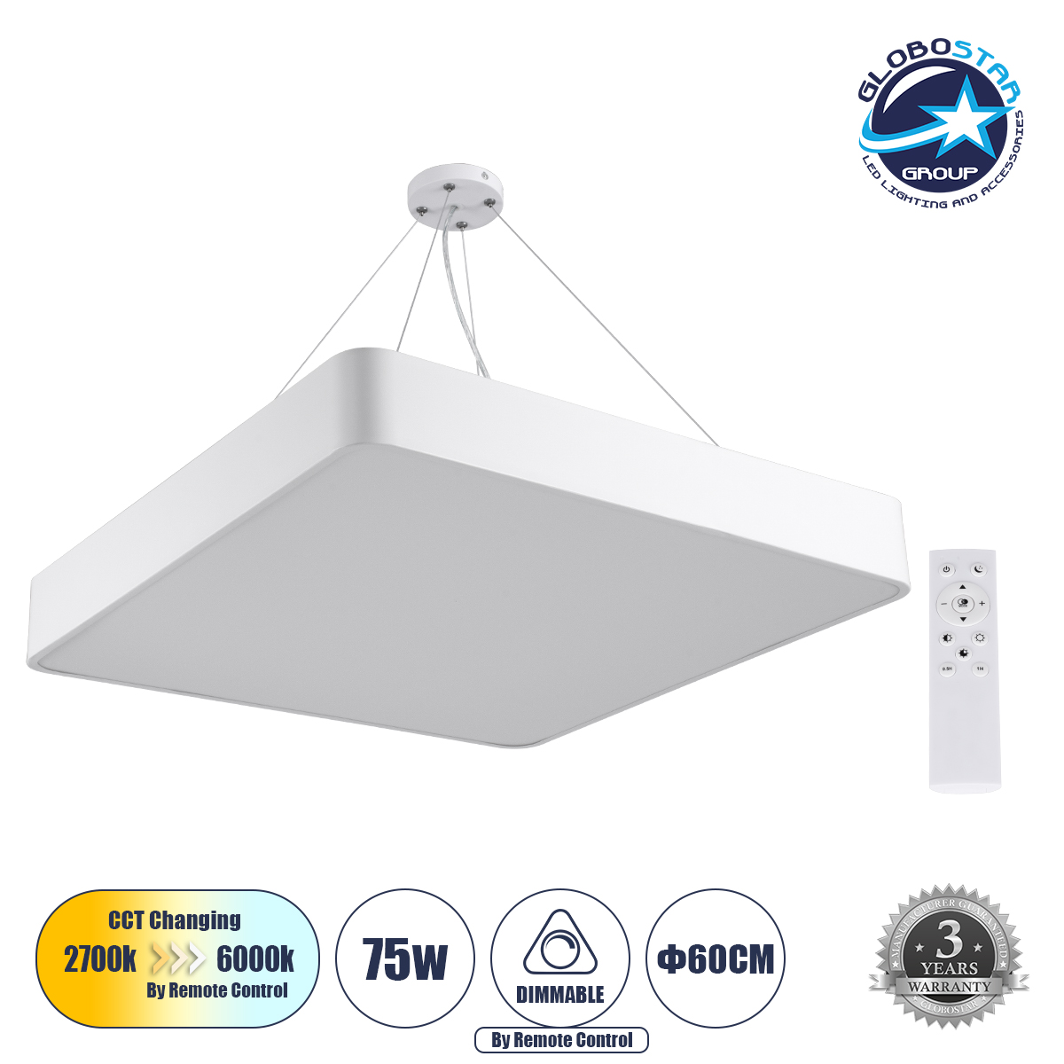 61209_1 GLOBOSTAR® KAMALA 61209 Μοντέρνο Κρεμαστό Φωτιστικό Οροφής LED 75W 8625lm 120° AC 220-240V IP20 Ρυθμιζόμενο Λευκό CCT με Χειριστήριο από 2700K έως 6000K Dimmable - Lumileds SMD Chip - Λευκό Ματ - Μ60 x Π60 x Υ8cm - 3 Χρόνια Εγγύηση - Image 1